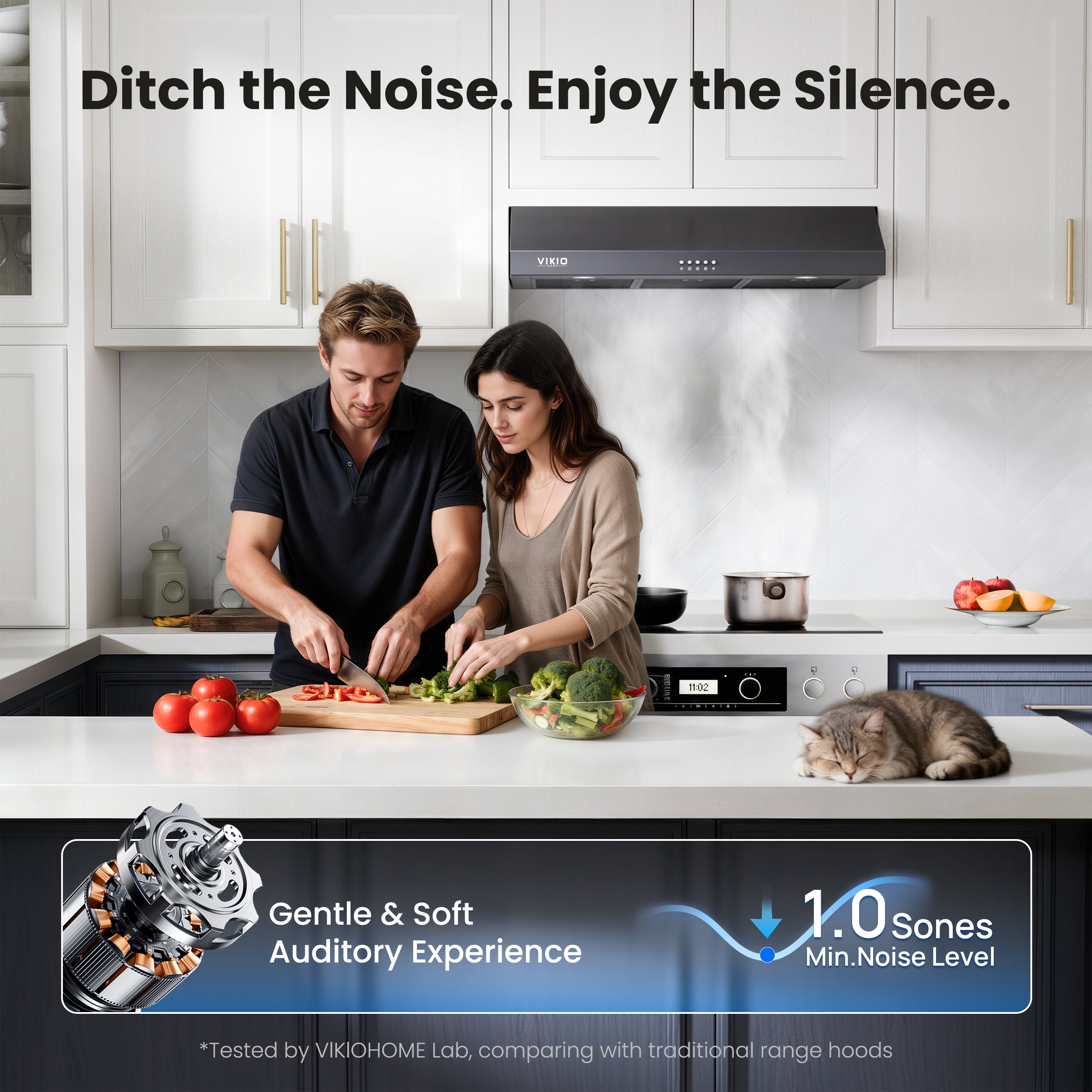 VIKIO HOME Under Cabinet Range Hood 36 Inch, 580 CFM Dual-Motor Kitchen Vent with LED Lights, Button Control, Ducted Stainless Steel Vent Hood, Reusable 5-Layer Aluminum Filters, Black