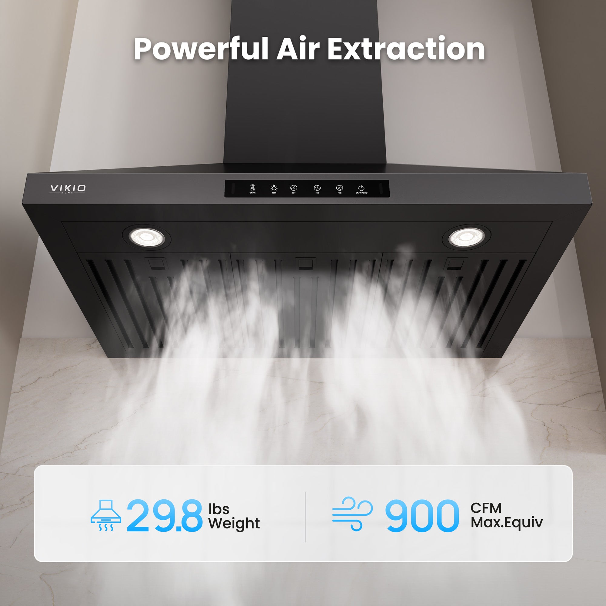 VIKIO HOME Wall Mount 36 Inch Range Hood 900 CFM, Ductless/Ducted Convertible, 3-speed Gesture Sensing & Touch Control, Black Painted Stainless Steel Vent Kitchen Hood with Permanent Baffle Filters