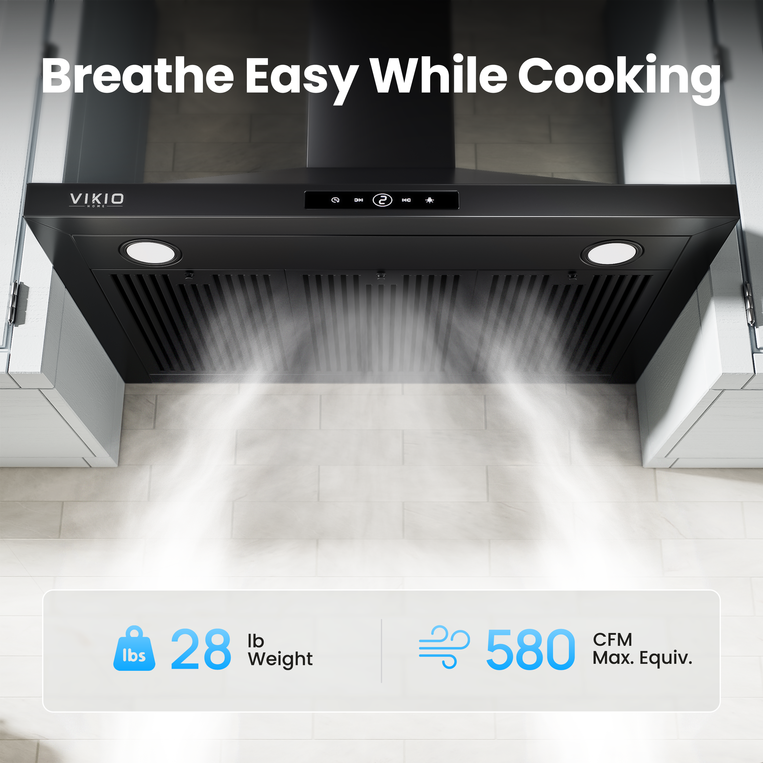 VIKIO HOME Wall Mount Range Hood 30 inch, 580 CFM Kitchen Vent Hood, Ducted/Ductless Convertible with Touch Control, Stainless Steel Stove Vent Hood, Easy Clean Filter, Black