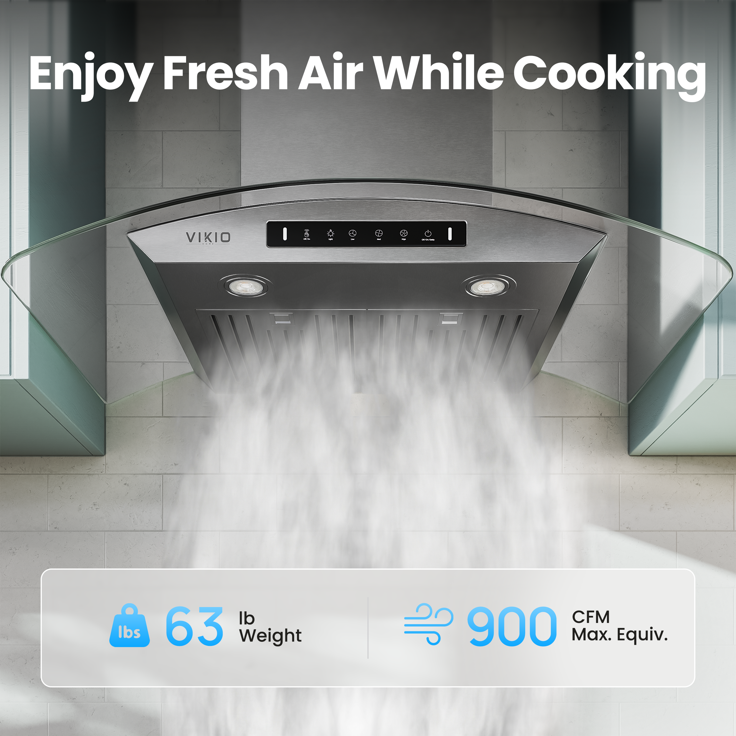 VIKIO HOME 36" Wall Mount Range Hood Tempered Glass 900 CFM, Kitchen Chimney Vent Stainless Steel, with Gesture Sensing and Touch Control Switch Panel, 3-Speed Exhaust Fan Permanent Filter