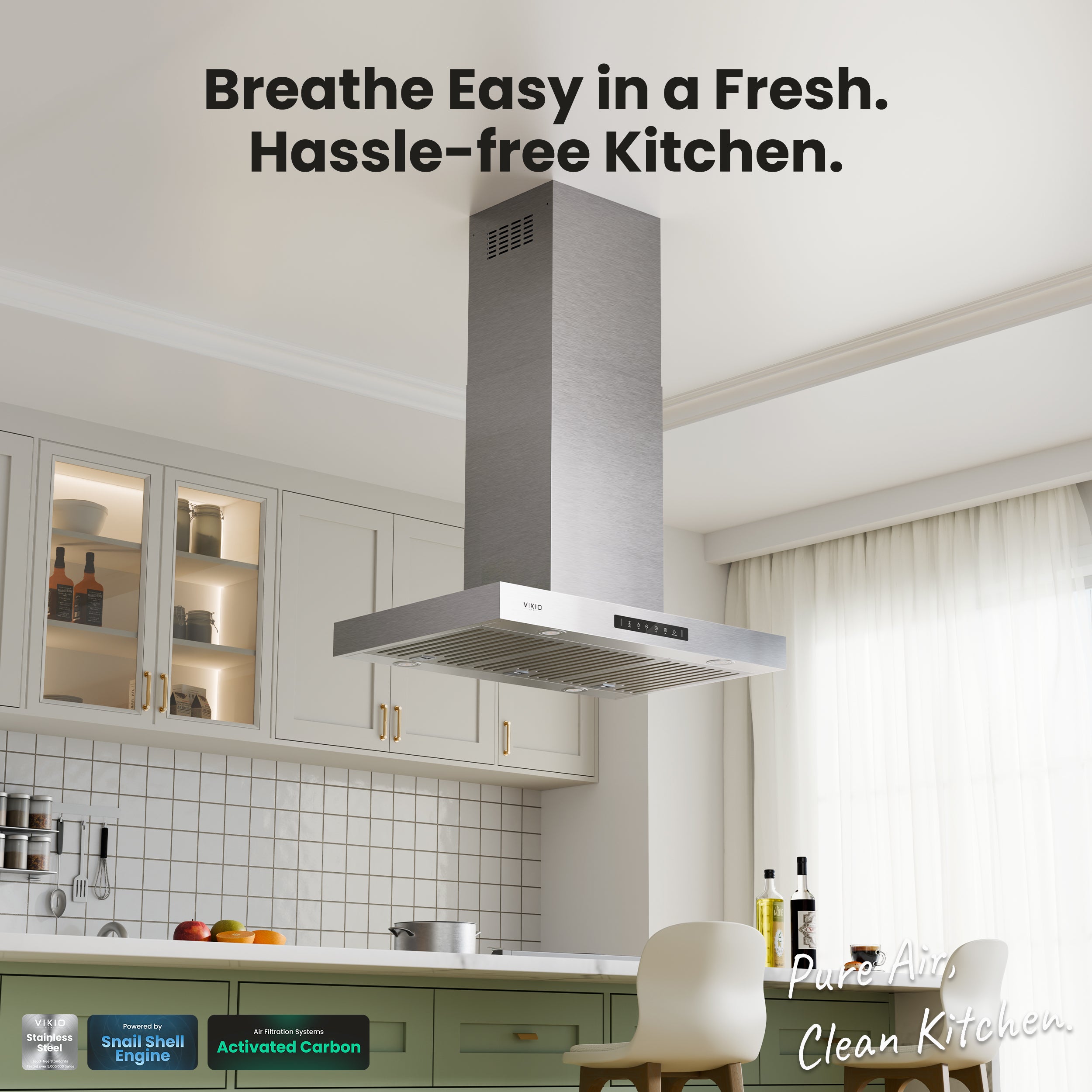 Island Range Hood 30 Inch, 600 CFM Island Mount Range Hood with Dual-Sided Touch/Gesture Control, Ceiling Mount kitchen Hood, Convertible Ducted/Ductless, 3-Speed Fan&4 LED Lights, 2 Baffle Filters
