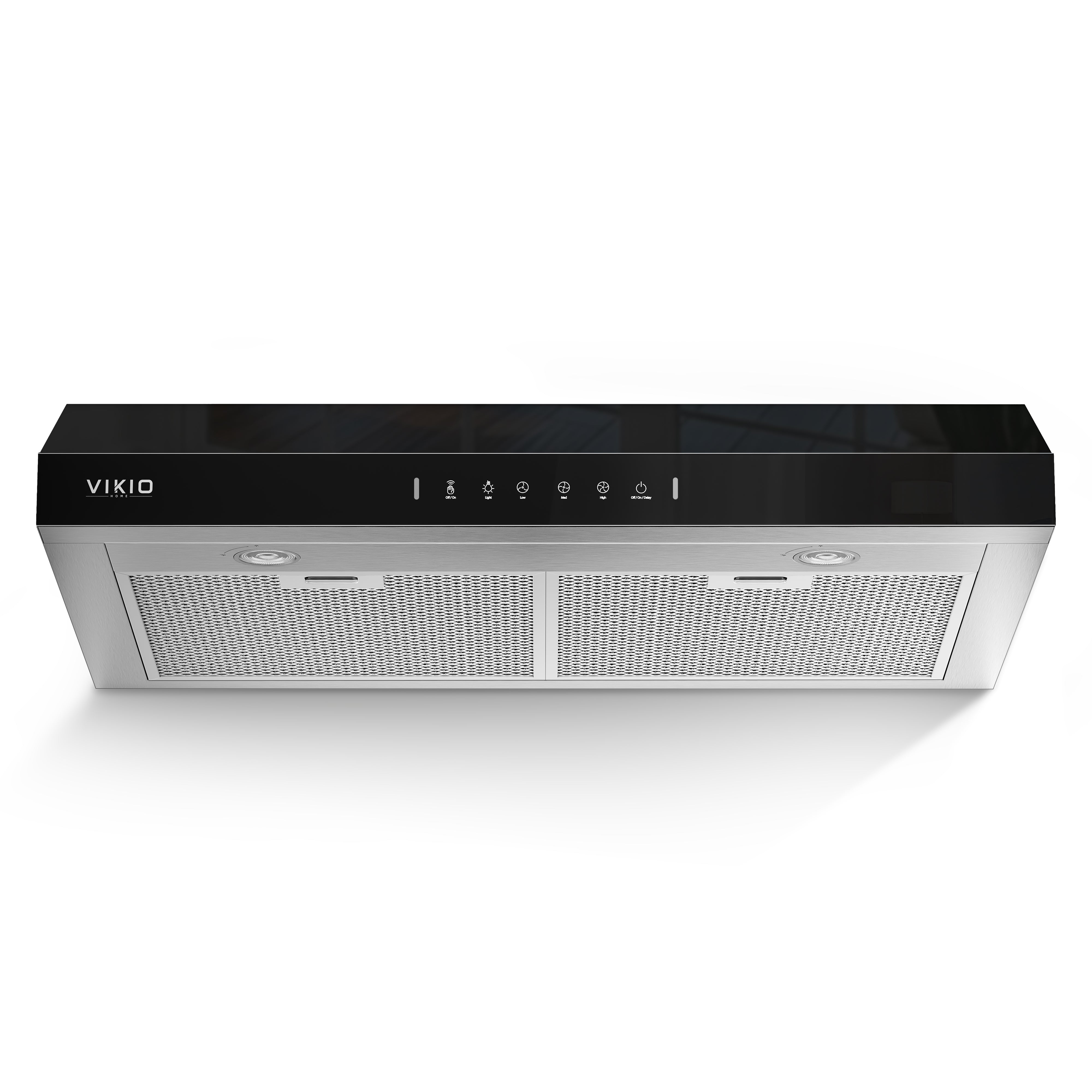 VIKIO HOME Under Cabinet Range Hood 30 Inch, 900 CFM Dual Centrifugal Motor, 3-Speed Ducted Kitchen Vent, Reusable Filters, Stainless Steel Kitchen Hood with LED Lights, Low Noise, Glass Black