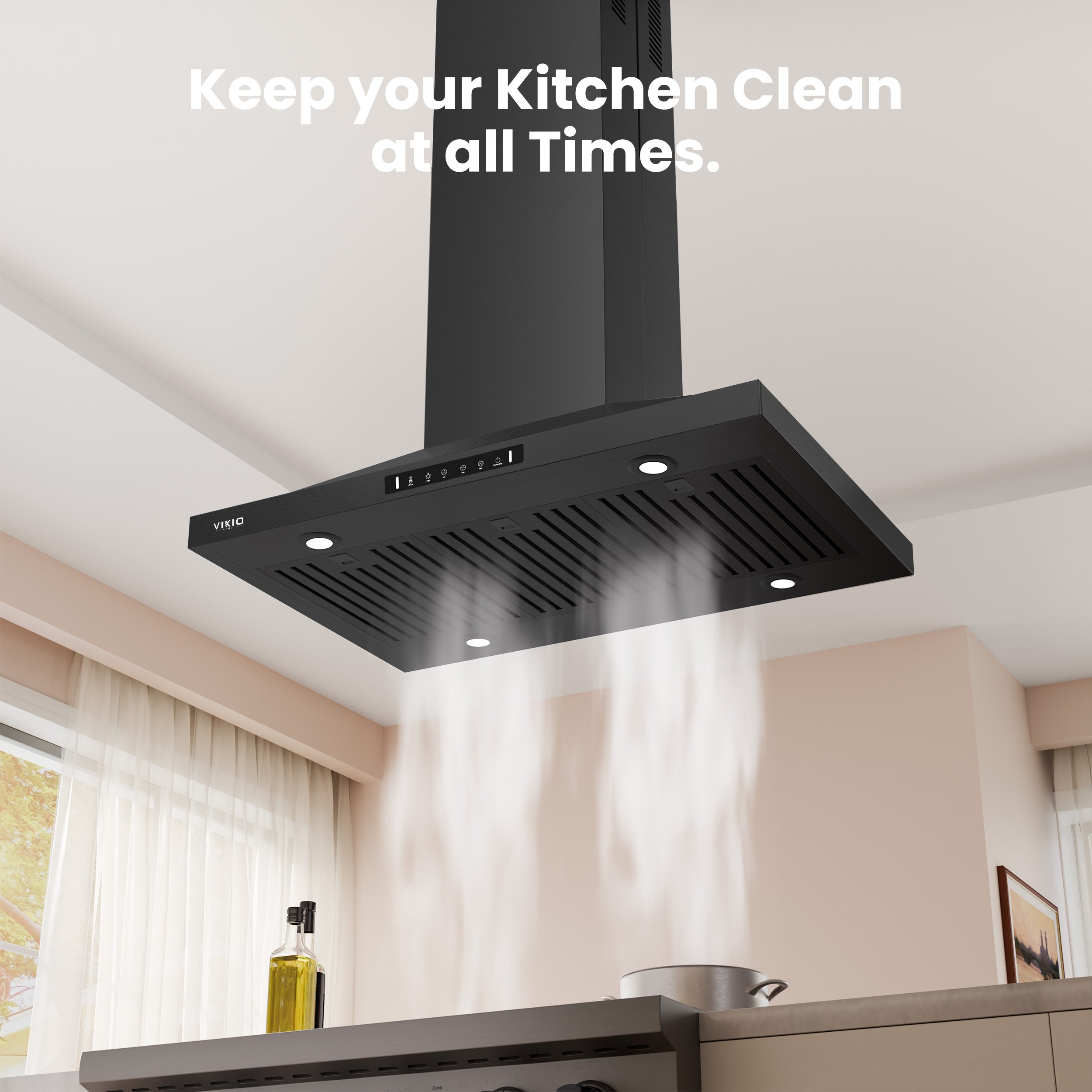 Island Range Hood 30 Inch, 390 CFM kitchen Hood with Dual-Sided Touch/Gesture Control, Ceiling Mount Kitchen Vent Hood, Convertible Ducted/Ductless, 3-Speed Fan&4 LED Lights, 2 Baffle Filters, Black