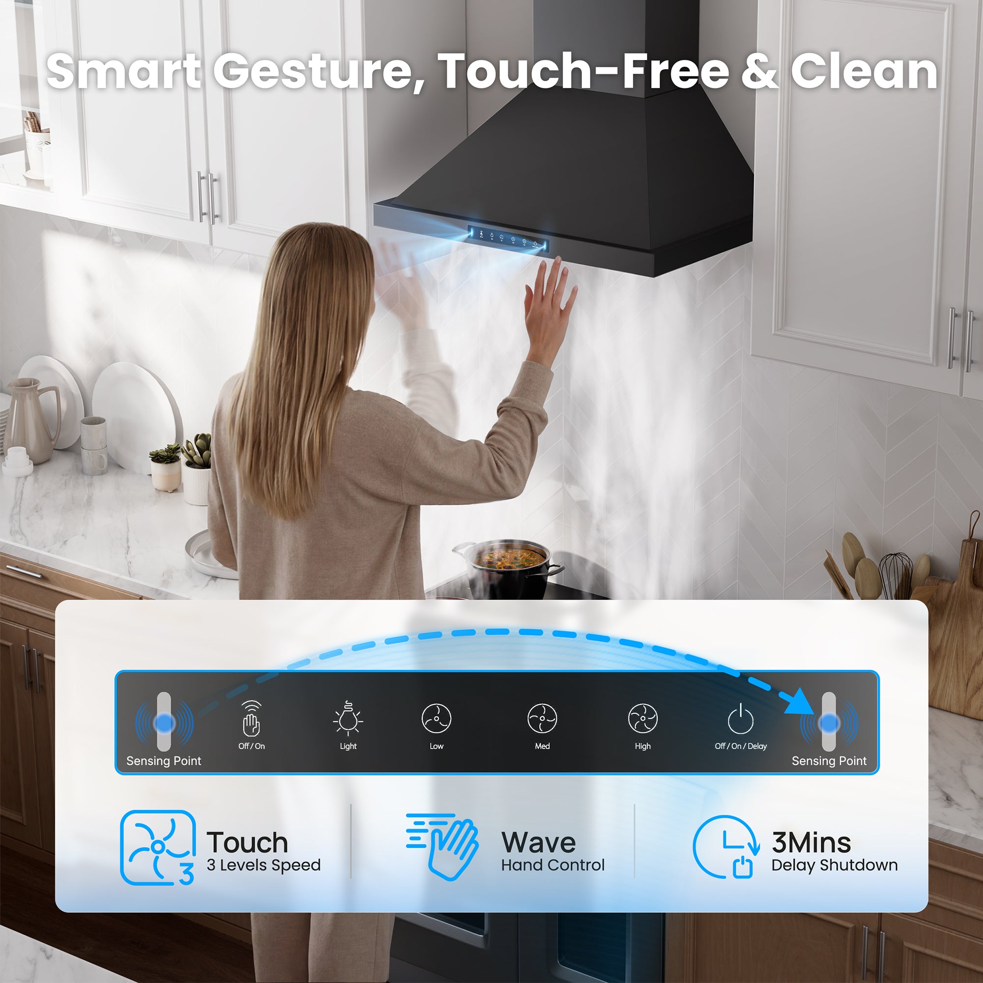 VIKIO HOME Black 30 Inch Pro Wall Mount Range Hood 980CFM, Direct 3 Speed Panel with Gesture & Touch Control, Ducted/Ductless Stainless Steel Kitchen Vent Hood, Delay Shut-Off, Includes Duct & Filter