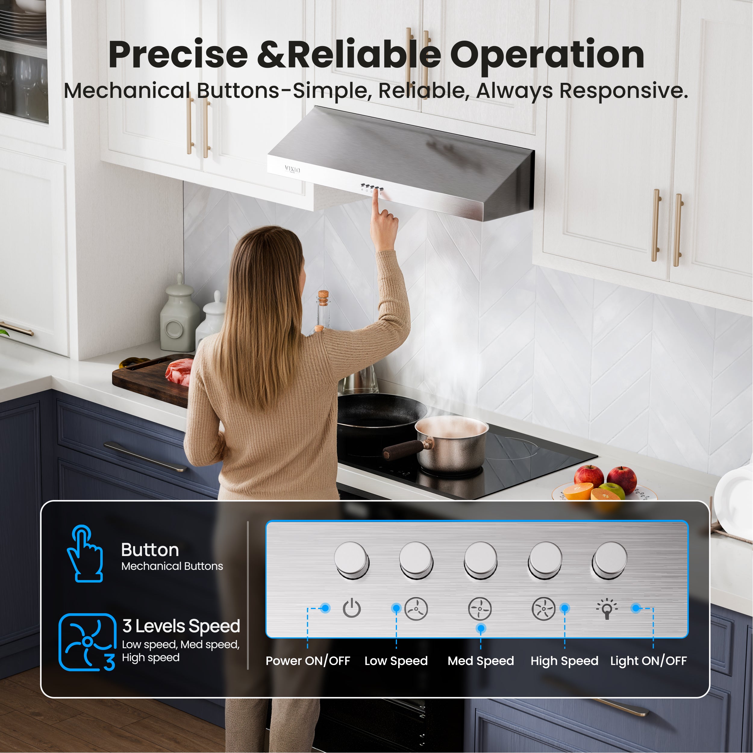 VIKIO HOME Under Cabinet Range Hood 30 Inch, 1200 CFM Dual-Motor Kitchen Vent with LED Lights, Button Control, Ducted Vent Hood, Reusable 5-Layer Aluminum Filters, Stainless Steel
