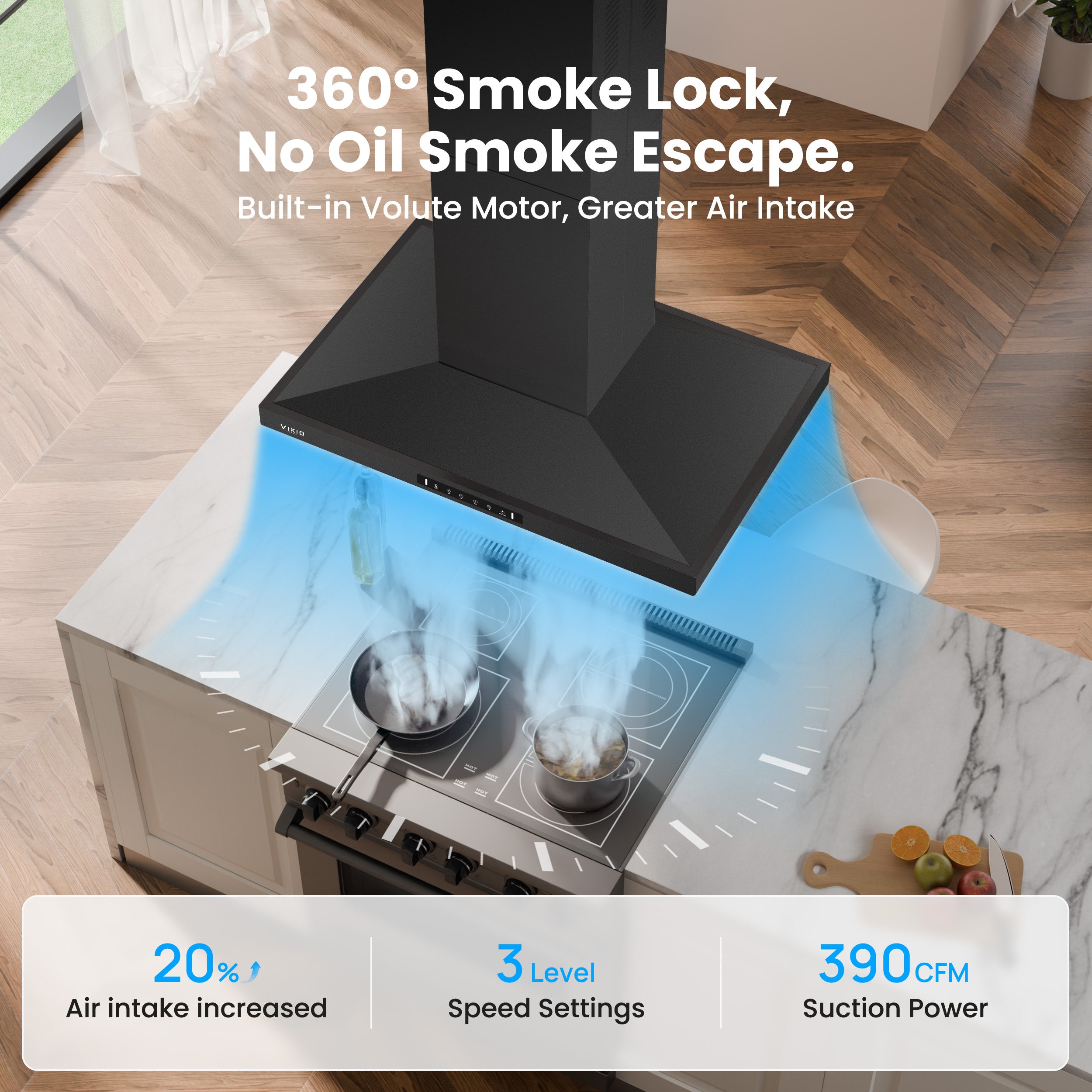 Island Range Hood 30 Inch, 390 CFM kitchen Hood with Dual-Sided Touch/Gesture Control, Ceiling Mount Kitchen Vent Hood, Convertible Ducted/Ductless, 3-Speed Fan&4 LED Lights, 2 Baffle Filters, Black