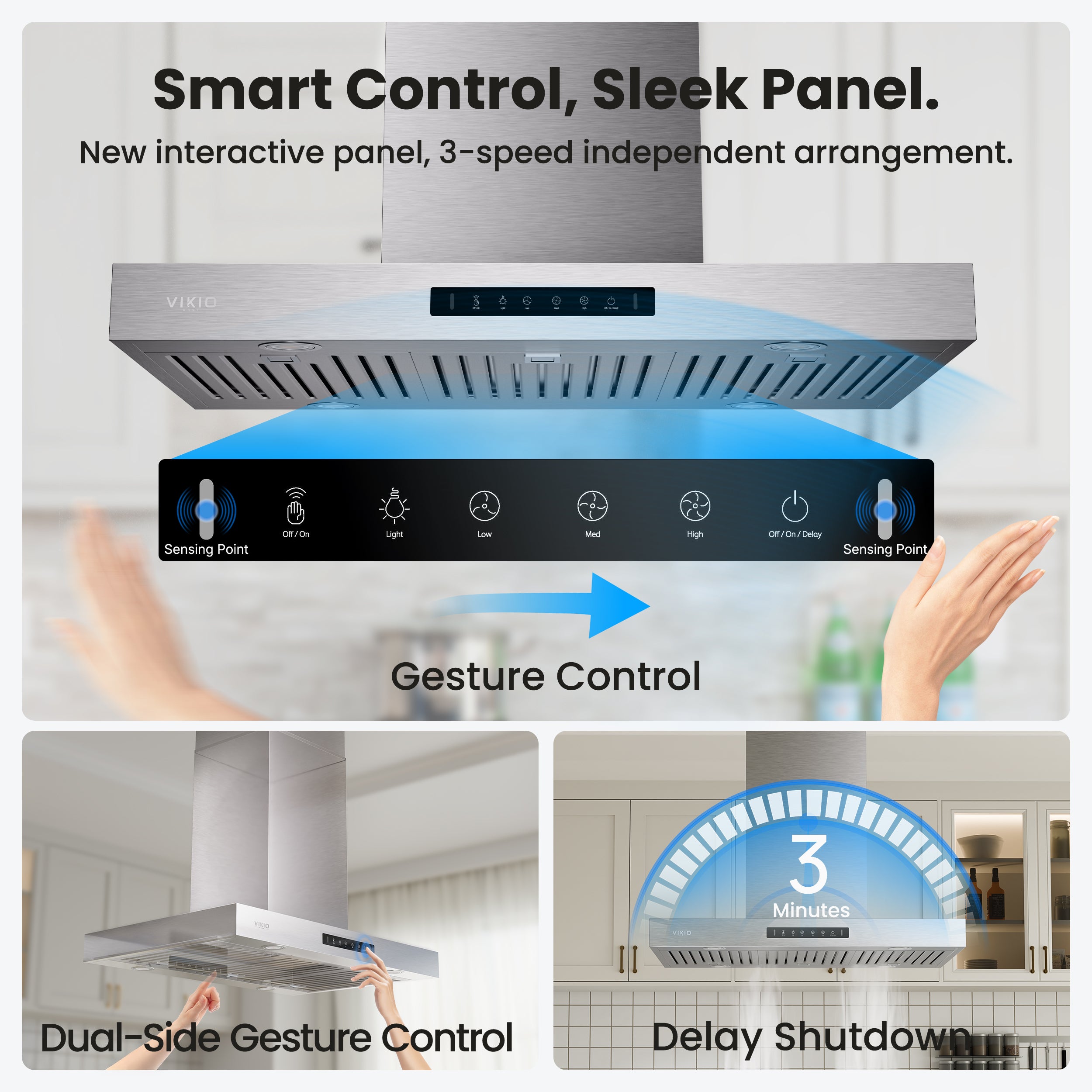 Island Range Hood 36 Inch, 980 CFM Island Mount Range Hood with Dual-Sided Touch/Gesture Control, Ceiling Mount kitchen Hood, Convertible Ducted/Ductless, 3-Speed Fan&4 LED Lights, 3 Baffle Filters