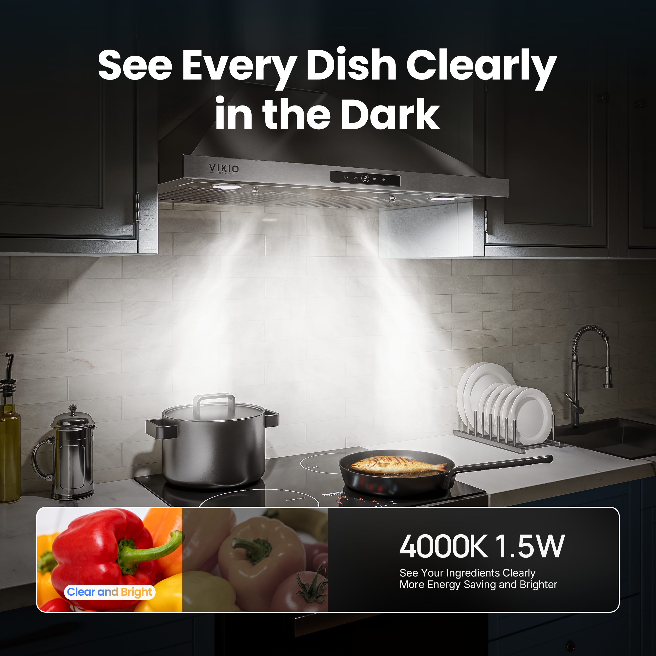 VIKIO HOME Wall Mount Range Hood 30 inch, 580 CFM, Ducted/Ductless Convertible, Stainless Steel Kitchen Vent Hood with 3-Speed Fan and LED Lights