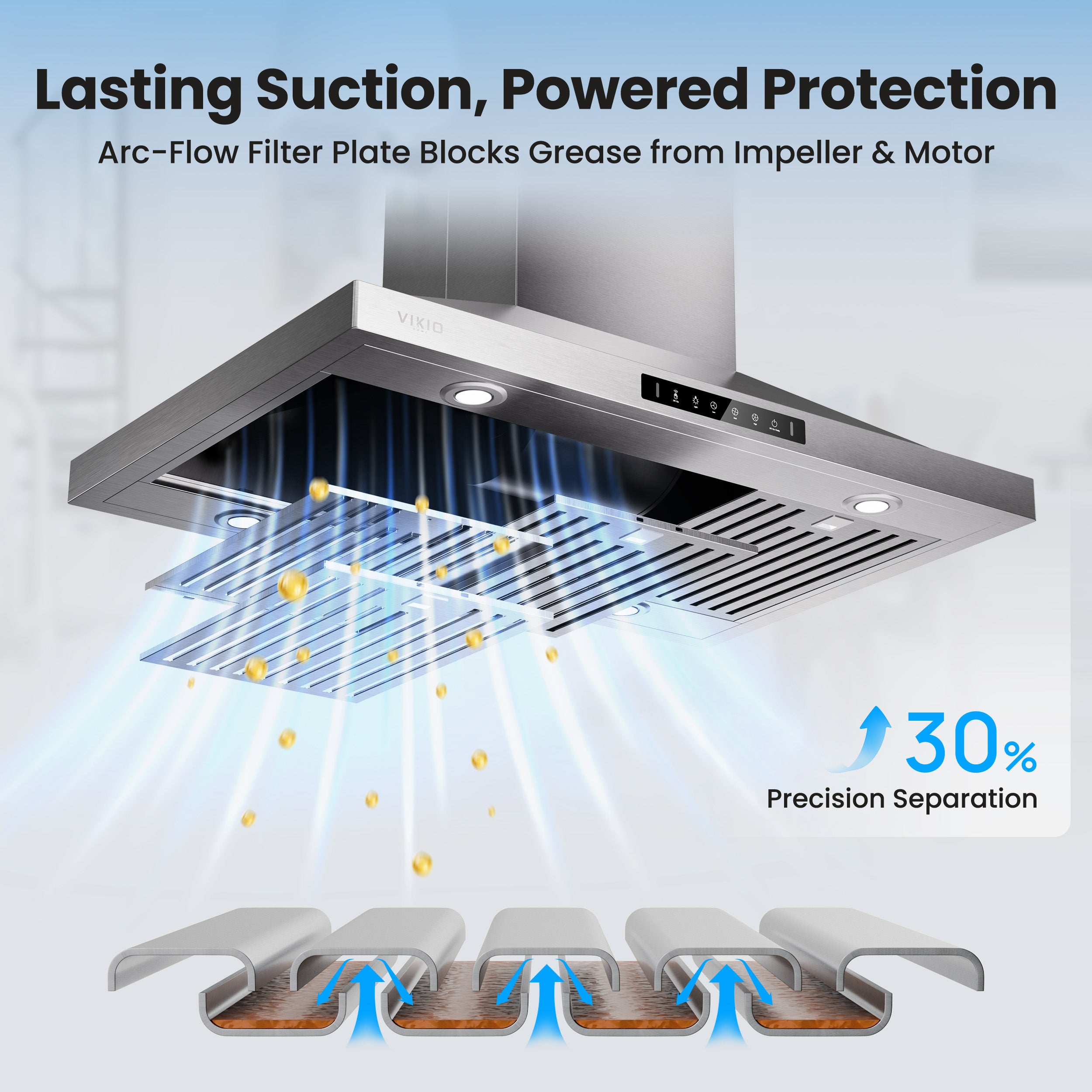 30 Inch Island Range Hood, 390 CFM kitchen Hood with Dual-Sided Touch/Gesture Control, Convertible Ducted/Ductless, Ceiling Mount, 3 Stainless Steel Baffle Filters, 3-Speed Fan