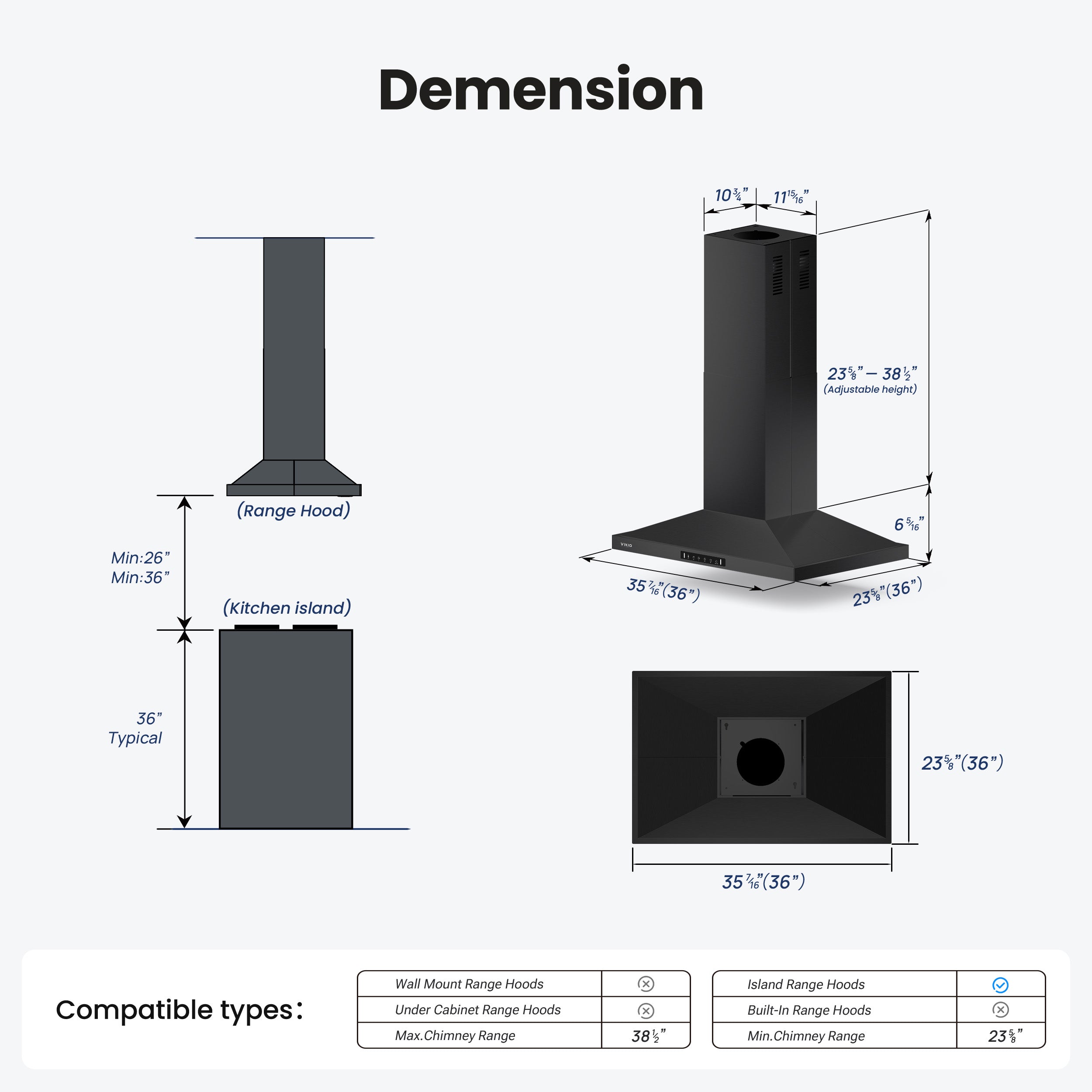 Island Range Hood 36 Inch, 390 CFM kitchen Hood with Dual-Sided Touch/Gesture Control, Ceiling Mount Kitchen Vent Hood, Convertible Ducted/Ductless, 3-Speed Fan&4 LED Lights, 3 Baffle Filters, Black