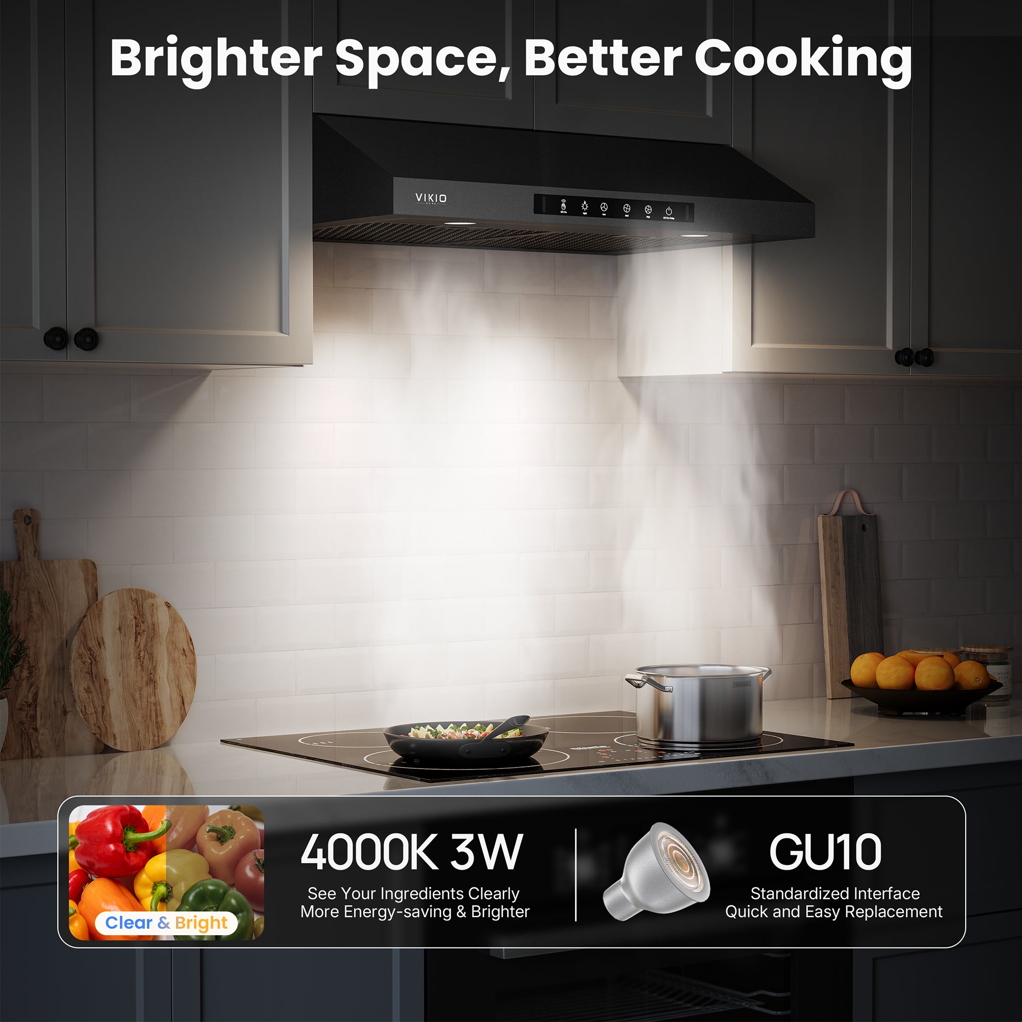 VIKIO HOME Range Hood 30 Inch Under Cabinet, 900CFM Stainless Steel Kitchen Stove Vent Hood, Touch/Gesture Control, 3 Speed Exhaust Fan, LED Lights, Reusable 5-Layer Aluminum Filters, Black