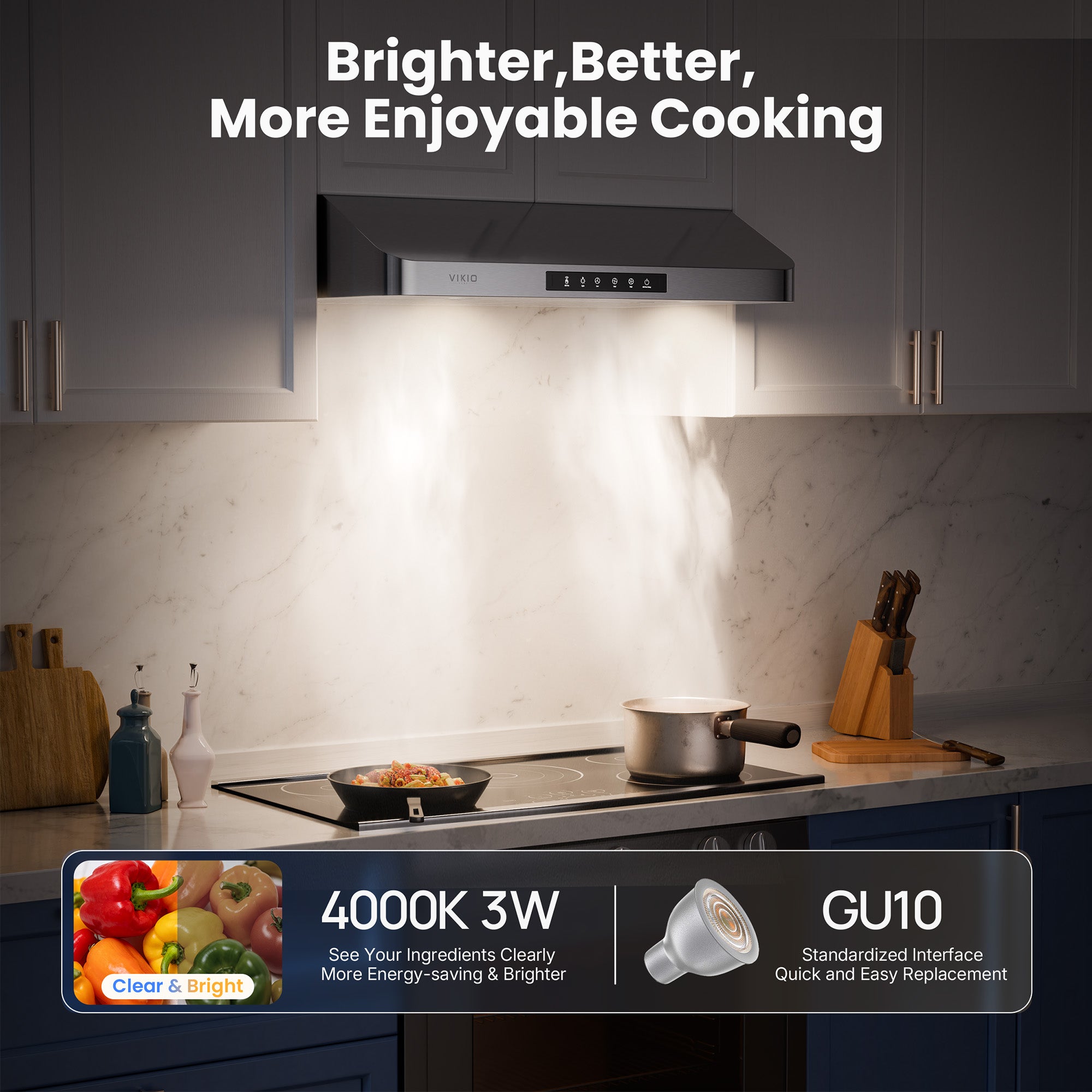 VIKIO HOME 30 Inch Under Cabinet Range Hood, 980CFM Fast Venting Ducted, Kitchen Hood With 3 Speed Gesture Sensing & Touch Control, Stainless Steel Stove Hood With LED Light And 2 Baffle Filters