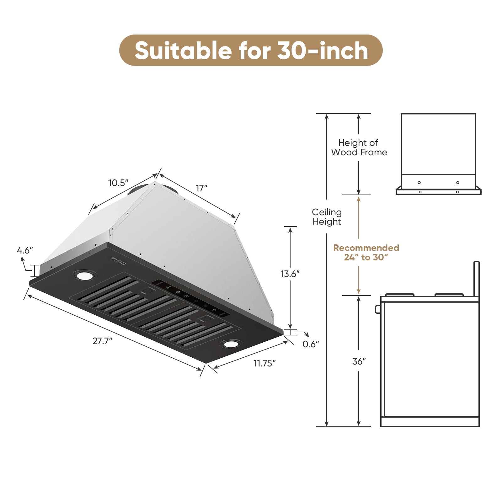 VIKIO HOME Range Hood Insert 30 Inch, Ducted/Ductless Convertible, 980 CFM Built-in Kitchen Vent Hood,Stainless Steel Range Hood with Gesture & Touch Control, Black Hoods for Over Kitchen Stove