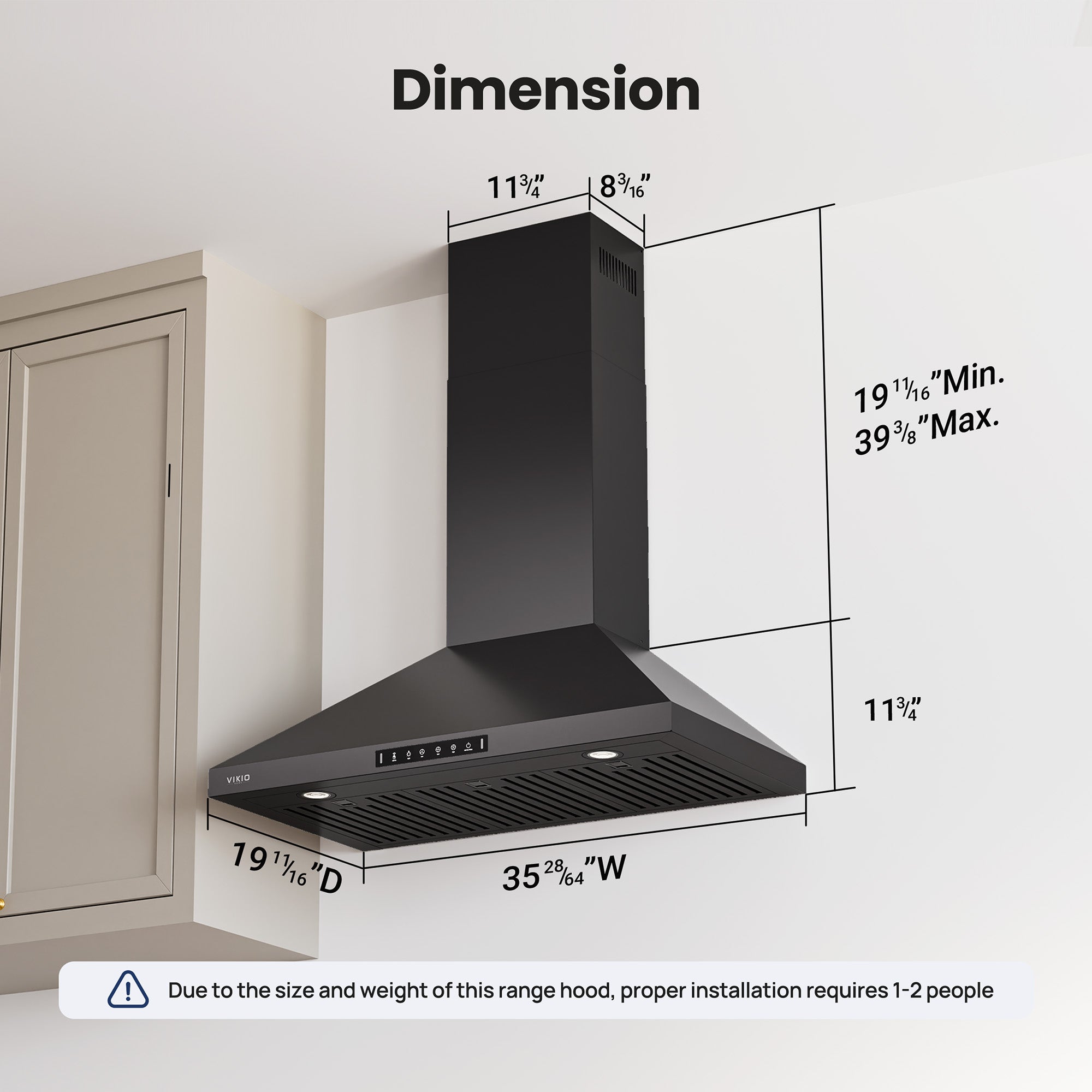 VIKIO HOME Wall Mount 36 Inch Range Hood 900 CFM, Ductless/Ducted Convertible, 3-speed Gesture Sensing & Touch Control, Black Painted Stainless Steel Vent Kitchen Hood with Permanent Baffle Filters