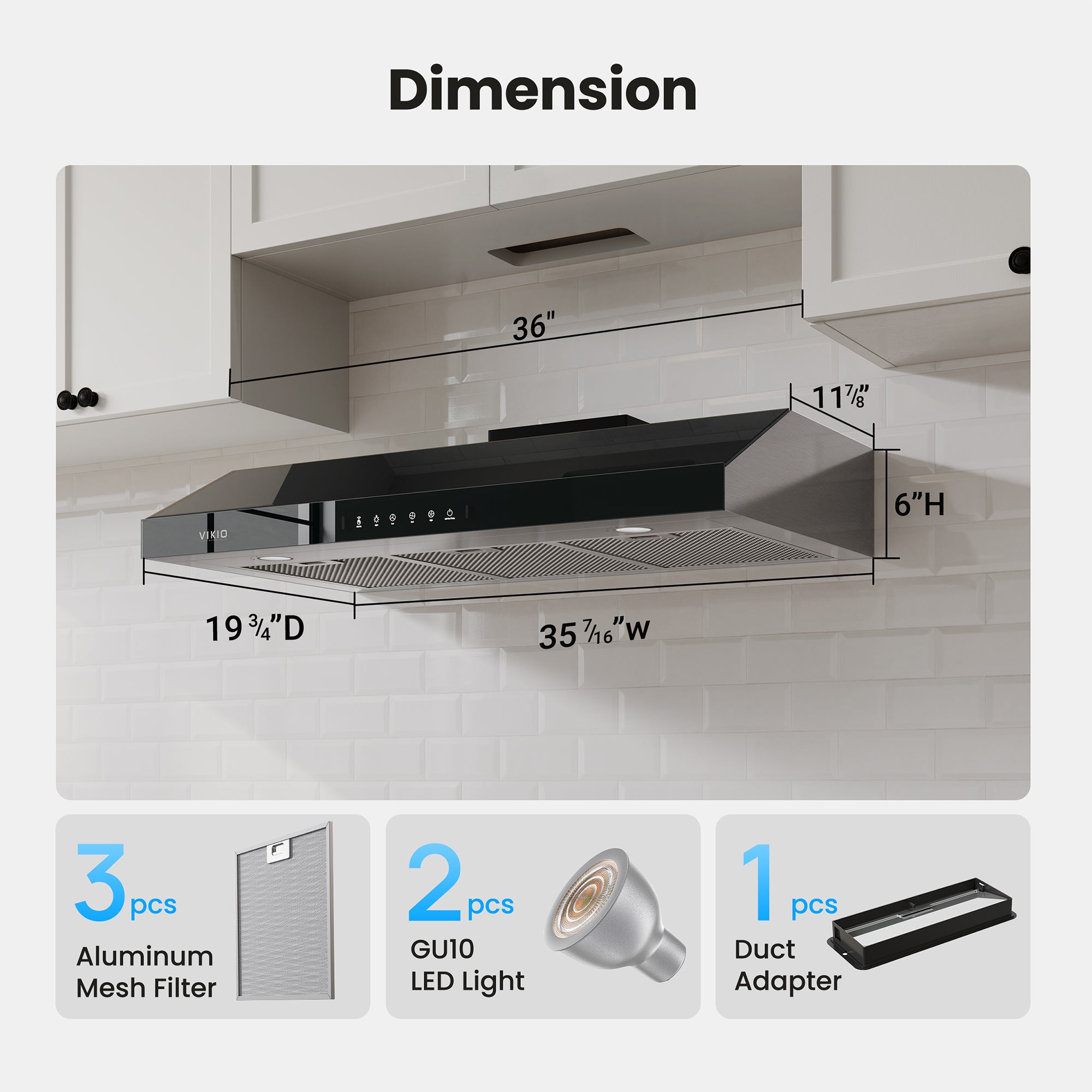 VIKIO HOME Under Cabinet Range Hood 36 Inch, 900 CFM Dual Centrifugal Motor, 3-Speed Ducted Kitchen Vent, Reusable Filters, Stainless Steel Kitchen Hood with LED Lights, Low Noise, Glass Black