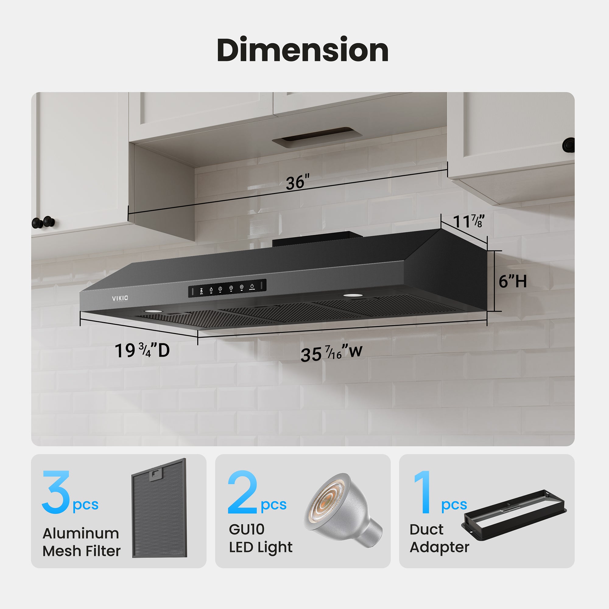 VIKIO HOME Range Hood 36 Inch Under Cabinet, 900 CFM Dual Centrifugal Motor, 3-Speed Ducted Kitchen Vent, Reusable Filters, Stainless Steel Kitchen Exhaust Fan with LED Lights, Black