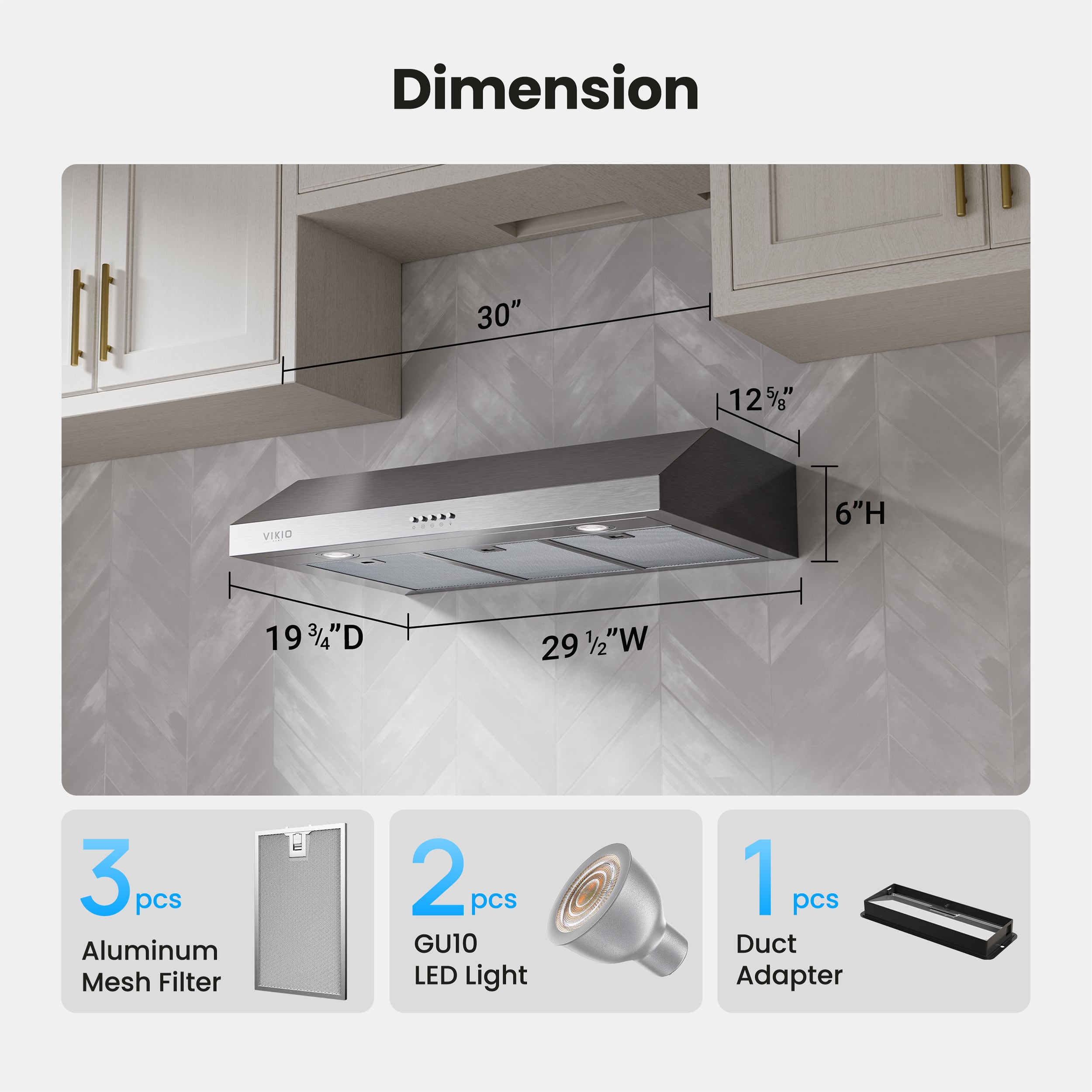 VIKIO HOME Under Cabinet Range Hood 30 Inch, 1200 CFM Dual-Motor Kitchen Vent with LED Lights, Button Control, Ducted Vent Hood, Reusable 5-Layer Aluminum Filters, Stainless Steel