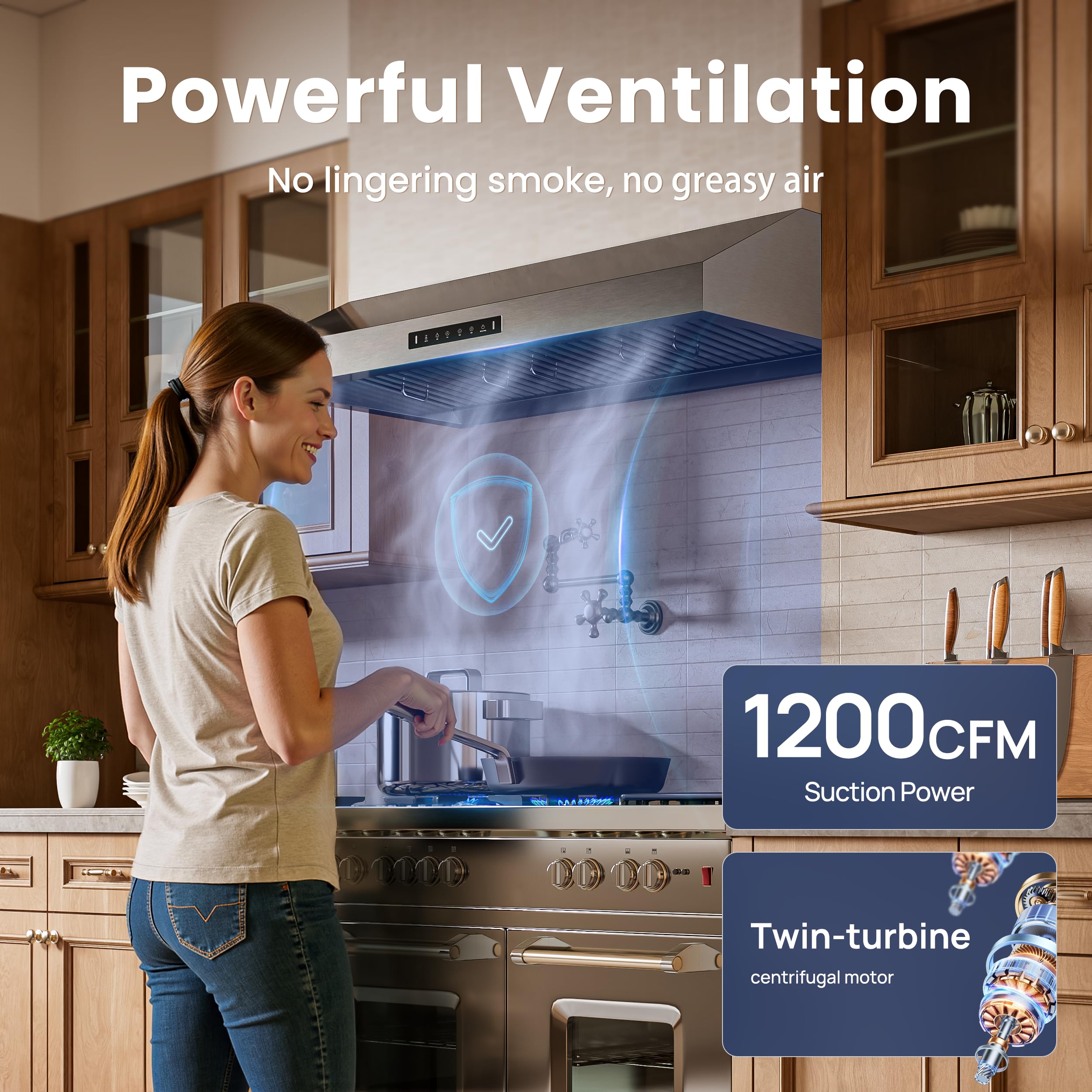 VIKIO HOME Range Hood 36 inch,1.5 Sones Quiet for Stove Vent Hood,Black Stainless Steel (PVD) Kitchen Exhaust Hood with 1200 CFM, Hood Vent with 3 Speed Gesture Sensing&Touch Control Panel