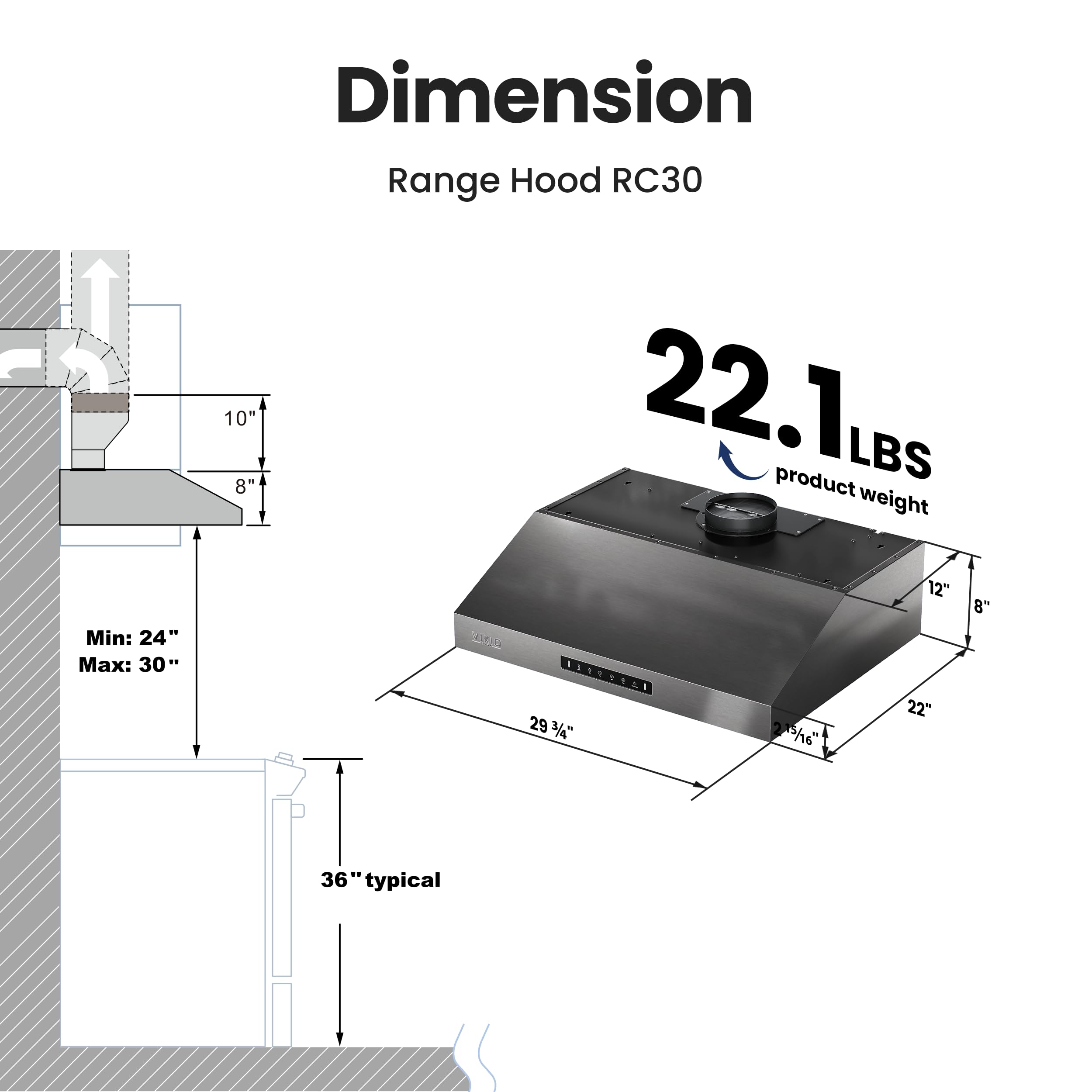 VIKIO HOME 30 inch Range Hood Stainless Steel(PVD), Black Stove Hood with 1200 CFM with 1.5 Sones Quiet,3 Speed Exhaust Fan Hood Vents for Kitchen,Under Cabinet Range Hood with GU10 LED Lights