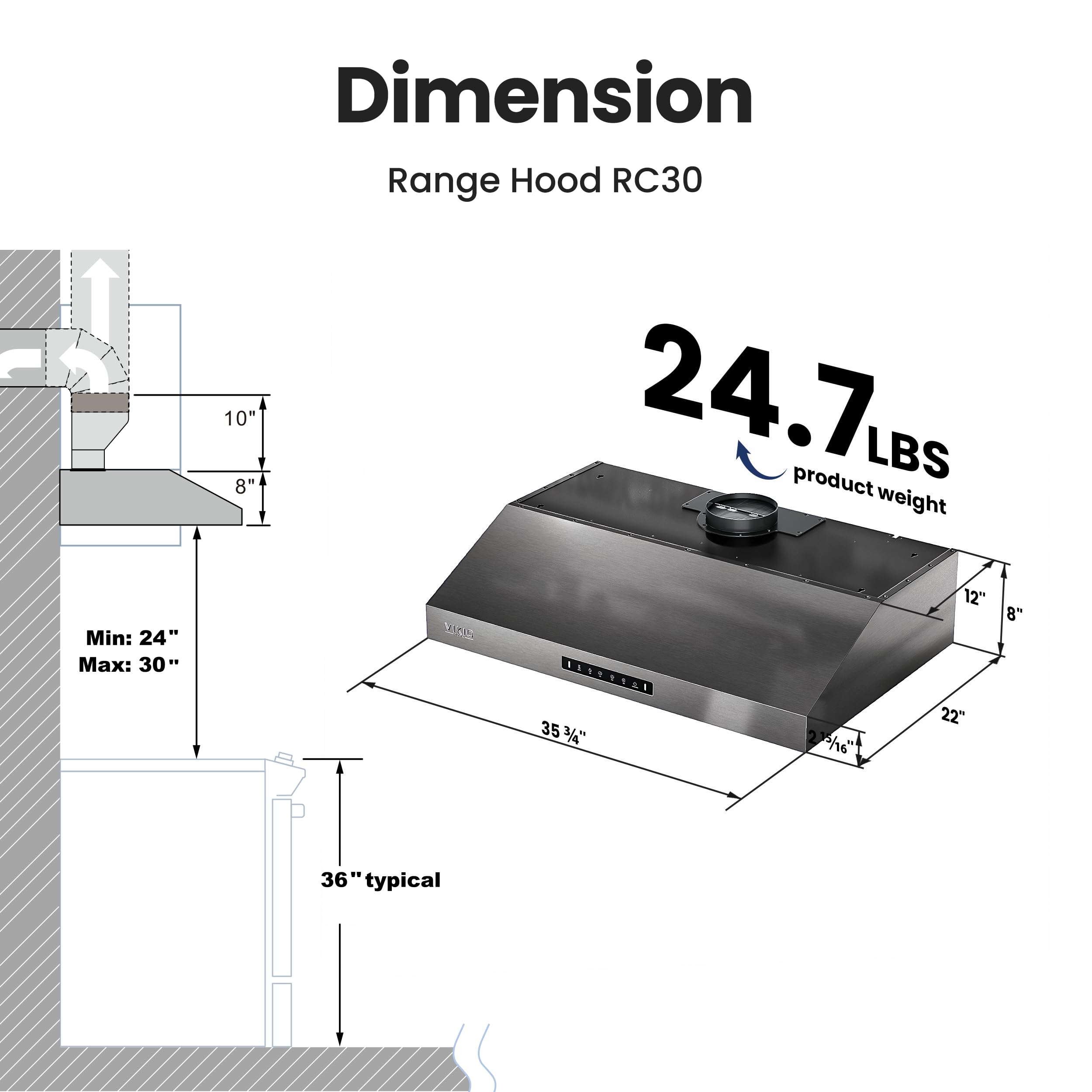 VIKIO HOME Range Hood 36 inch,1.5 Sones Quiet for Stove Vent Hood,Black Stainless Steel (PVD) Kitchen Exhaust Hood with 1200 CFM, Hood Vent with 3 Speed Gesture Sensing&Touch Control Panel