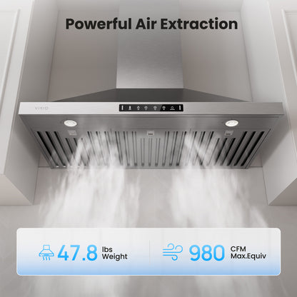 VIKIO HOME 36 inch Pro Wall Mount Range Hood 980CFM, Direct 3 Speed Panel with Gesture & Touch Control, Ducted/Ductless Stainless Steel Kitchen Vent Hood, Delay Shut-Off, Includes Duct & Filter