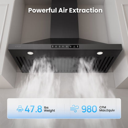 VIKIO HOME Black 36 inch Pro Wall Mount Range Hood 980CFM, Direct 3 Speed Panel with Gesture & Touch Control, Ducted/Ductless Stainless Steel Kitchen Vent Hood, Delay Shut-Off, Includes Duct & Filter
