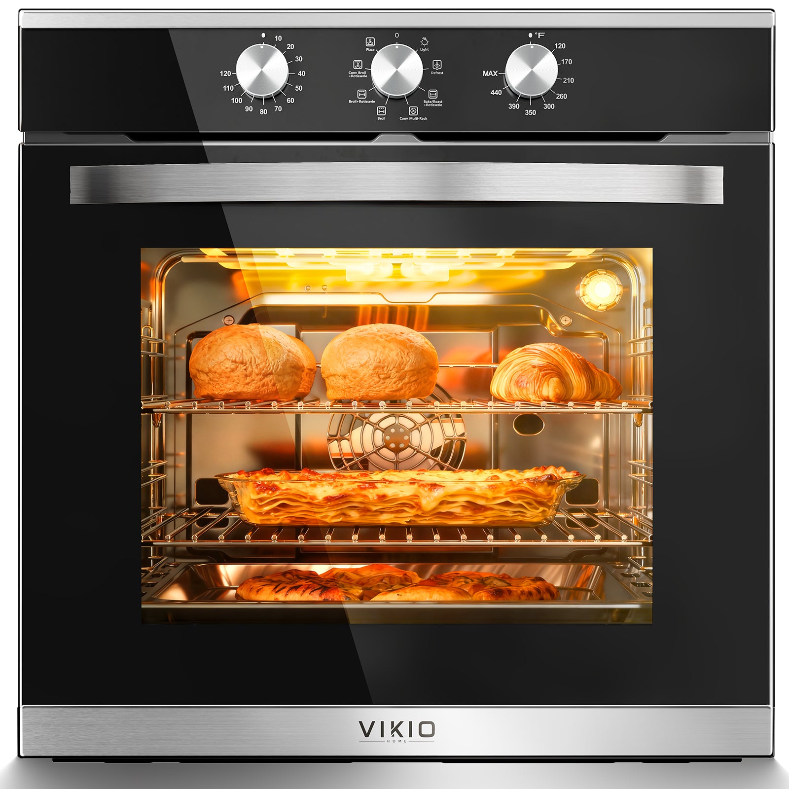 VIKIO HOME Single Wall Oven 24", 2.83 Cu.Ft-80L with 8 Functions Built-in 24 Electric Wall Oven, 240V, 3220W Fast Preheat, Mechanical Knob Control for Easy Cooking