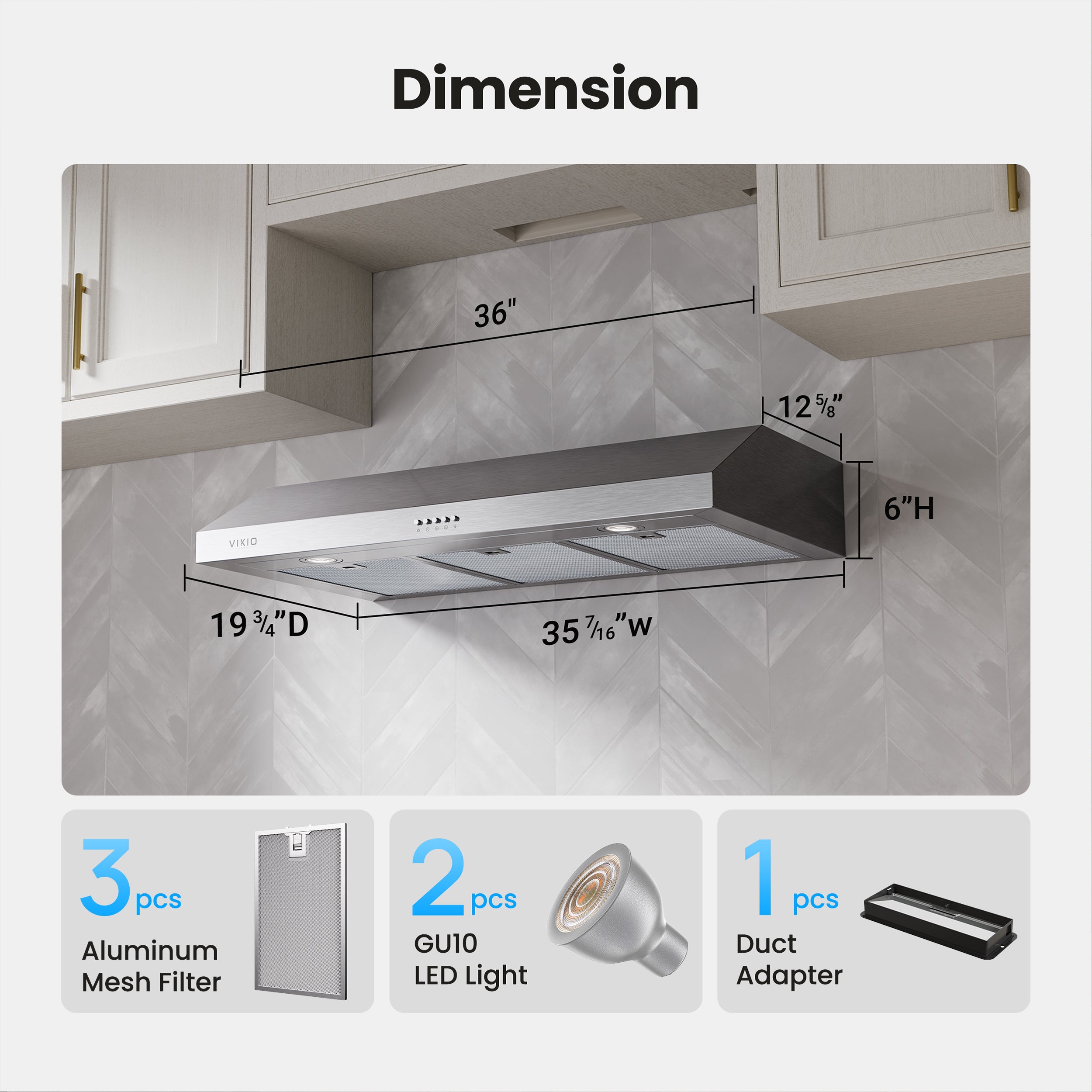 VIKIO HOME Under Cabinet Range Hood 36 Inch, 1200 CFM Dual-Motor Kitchen Vent with LED Lights, Button Control, Ducted Vent Hood, Reusable 5-Layer Aluminum Filters, Stainless Steel