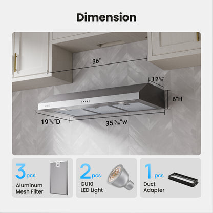 VIKIO HOME Under Cabinet Range Hood 36 Inch, 1200 CFM Dual-Motor Kitchen Vent with LED Lights, Button Control, Ducted Vent Hood, Reusable 5-Layer Aluminum Filters, Stainless Steel