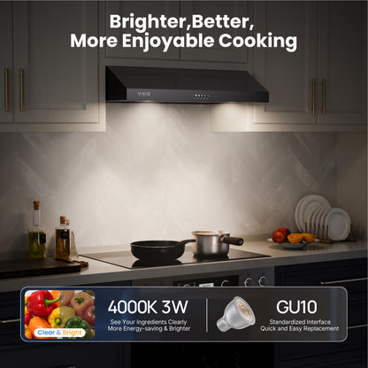 VIKIO HOME Under Cabinet Range Hood 30 Inch, 580 CFM Dual-Motor Kitchen Vent with LED Lights, Button Control, Ducted Stainless Steel Vent Hood, Reusable 5-Layer Aluminum Filters, Black