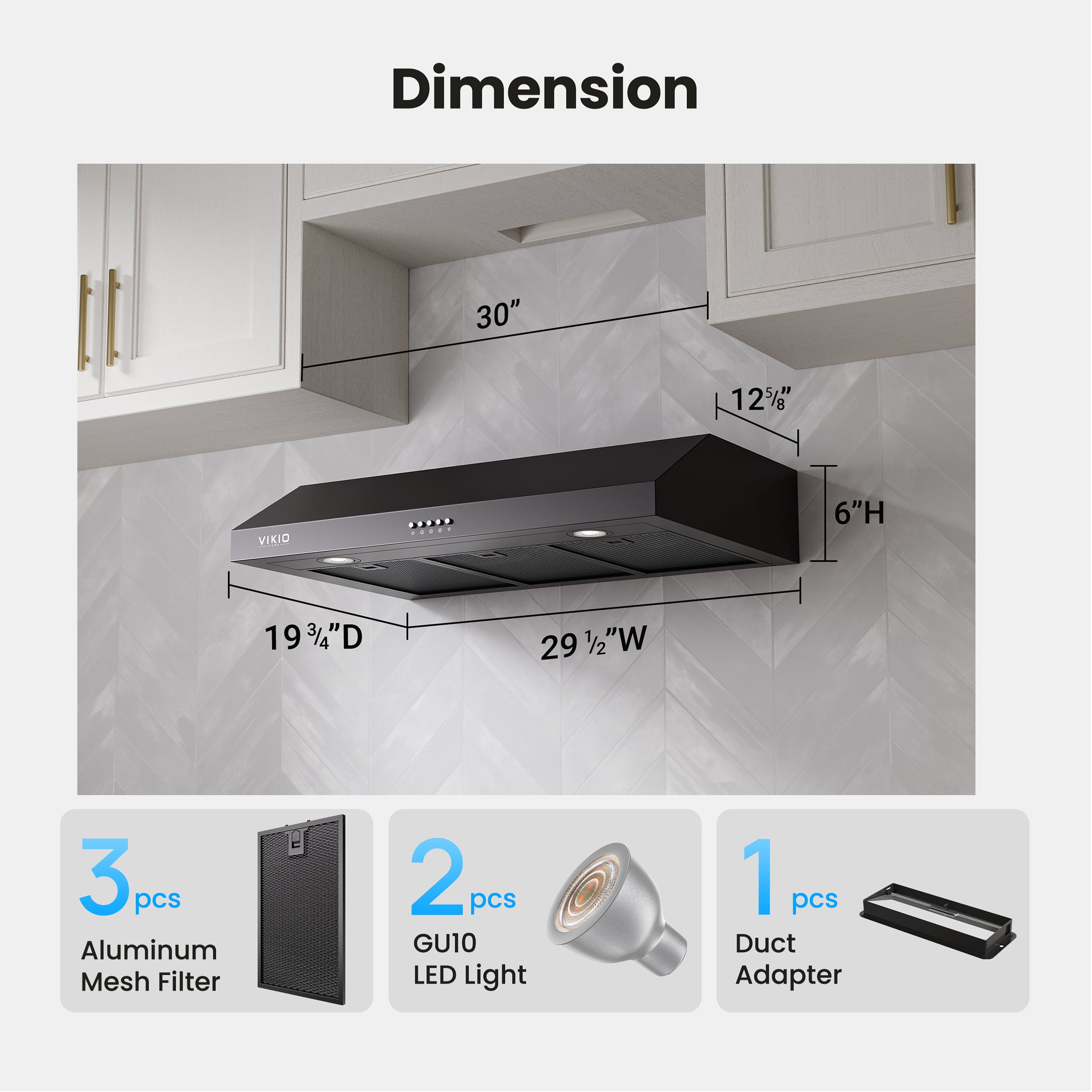 VIKIO HOME Under Cabinet Range Hood 30 Inch, 580 CFM Dual-Motor Kitchen Vent with LED Lights, Button Control, Ducted Stainless Steel Vent Hood, Reusable 5-Layer Aluminum Filters, Black