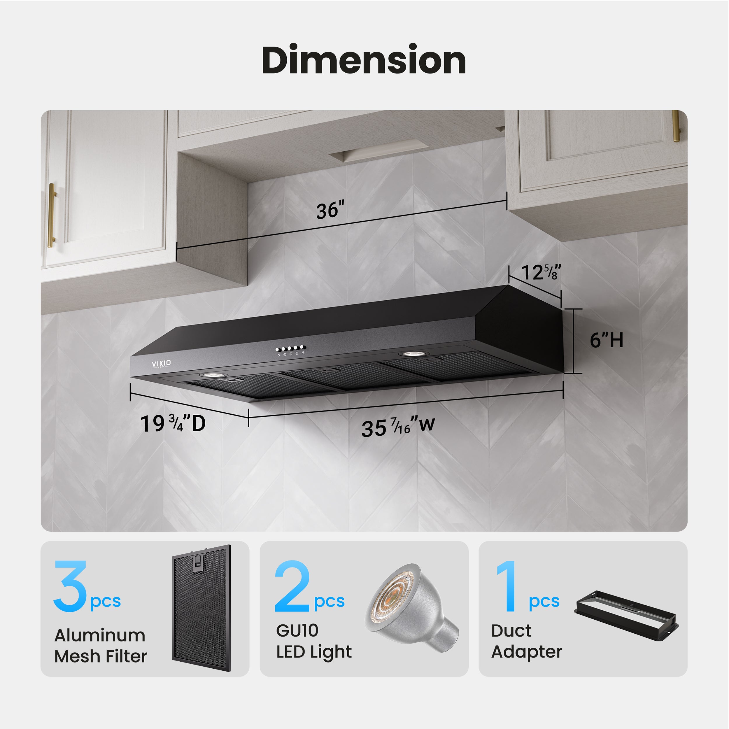 VIKIO HOME Under Cabinet Range Hood 36 Inch, 580 CFM Dual-Motor Kitchen Vent with LED Lights, Button Control, Ducted Stainless Steel Vent Hood, Reusable 5-Layer Aluminum Filters, Black
