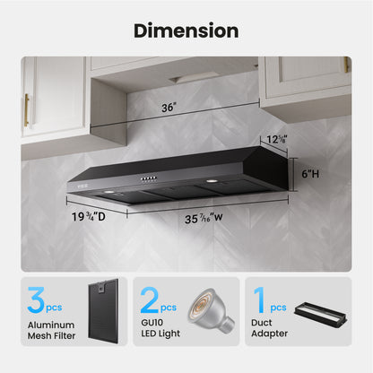 VIKIO HOME Under Cabinet Range Hood 36 Inch, 580 CFM Dual-Motor Kitchen Vent with LED Lights, Button Control, Ducted Stainless Steel Vent Hood, Reusable 5-Layer Aluminum Filters, Black