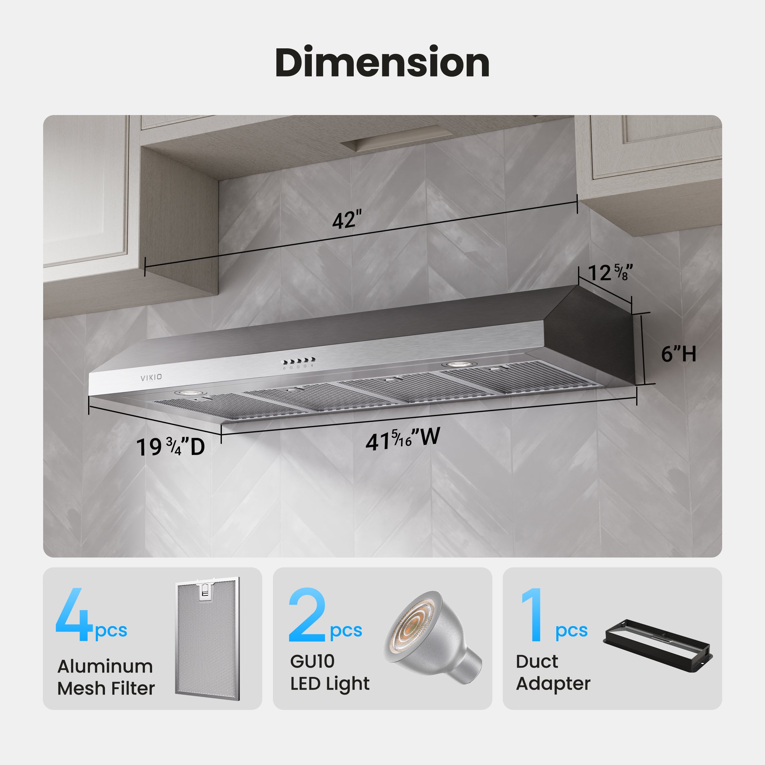 VIKIO HOME Under Cabinet Range Hood 42 Inch, 580 CFM Dual-Motor Kitchen Vent with LED Lights, Button Control, Ducted Vent Hood, Reusable 5-Layer Aluminum Filters, Stainless Steel