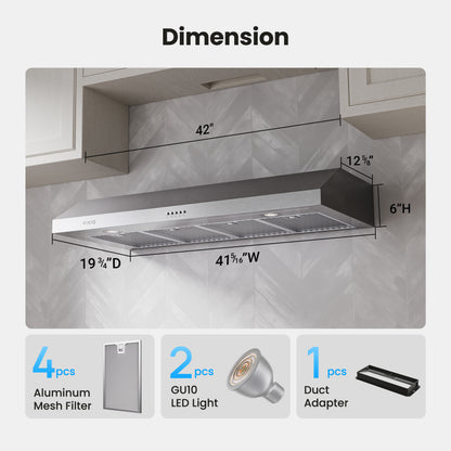 VIKIO HOME Under Cabinet Range Hood 42 Inch, 580 CFM Dual-Motor Kitchen Vent with LED Lights, Button Control, Ducted Vent Hood, Reusable 5-Layer Aluminum Filters, Stainless Steel