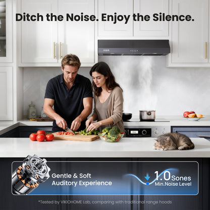 VIKIO HOME Under Cabinet Range Hood 30 Inch, 580 CFM Dual-Motor Kitchen Vent with LED Lights, Button Control, Ducted Stainless Steel Vent Hood, Reusable 5-Layer Aluminum Filters, Black