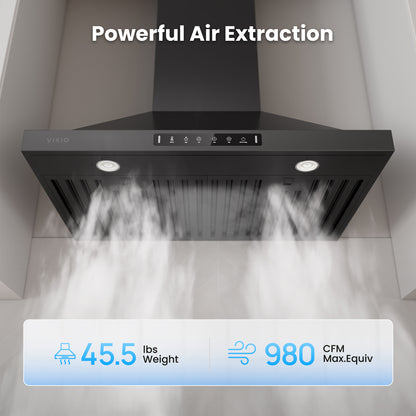 VIKIO HOME Black 30 Inch Pro Wall Mount Range Hood 980CFM, Direct 3 Speed Panel with Gesture & Touch Control, Ducted/Ductless Stainless Steel Kitchen Vent Hood, Delay Shut-Off, Includes Duct & Filter