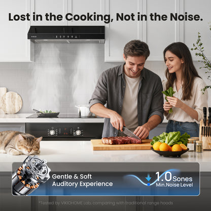 VIKIO HOME Under Cabinet Range Hood 30 Inch, 900 CFM Dual Centrifugal Motor, 3-Speed Ducted Kitchen Vent, Reusable Filters, Stainless Steel Kitchen Hood with LED Lights, Low Noise, Glass Black