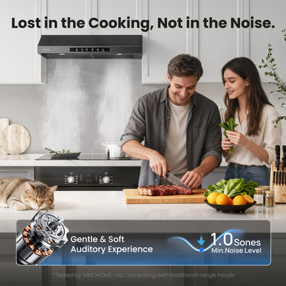 VIKIO HOME Range Hood 30 Inch Under Cabinet, 900CFM Stainless Steel Kitchen Stove Vent Hood, Touch/Gesture Control, 3 Speed Exhaust Fan, LED Lights, Reusable 5-Layer Aluminum Filters, Black