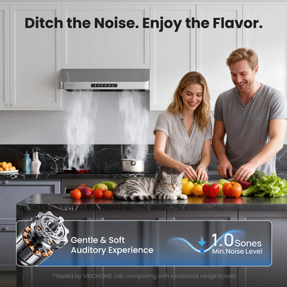 VIKIO HOME Range Hood 42 Inch Under Cabinet, Kitchen Hood with 980 CFM, 3-Speed Gesture Sensing & Touch Control Panel, Stainless Steel Vent 3 Pcs Baffle Filters with Handlebar