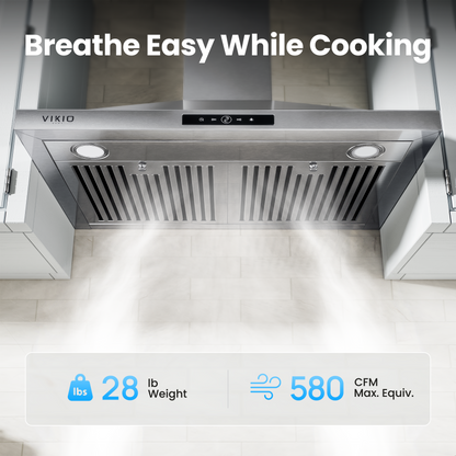VIKIO HOME Wall Mount Range Hood 30 inch, 580 CFM, Ducted/Ductless Convertible, Stainless Steel Kitchen Vent Hood with 3-Speed Fan and LED Lights