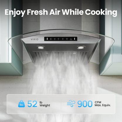 VIKIO HOME 30" Wall Mount Range Hood Tempered Glass 900 CFM, Kitchen Chimney Vent Stainless Steel, with Gesture Sensing and Touch Control Switch Panel, 3-Speed Exhaust Fan Permanent Filter