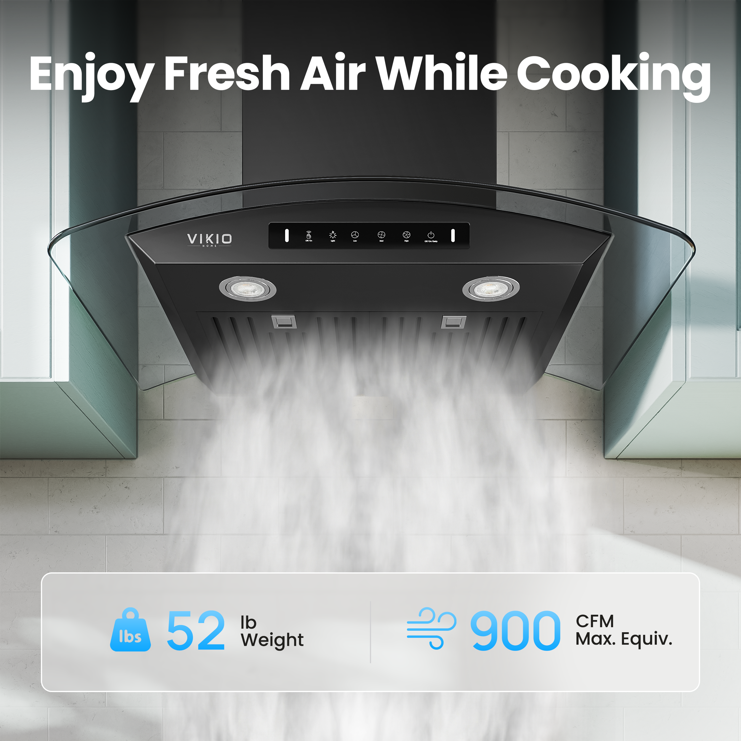 VIKIO HOME Black 30 inch Wall Mounted Range Hood Glass 900 CFM, Stainless Steel Kitchen Hood Vent with Gesture/Touch Controls, 3-Speed Exhaust Fan and Stainless Steel Baffle Filter, 2 LED Lights