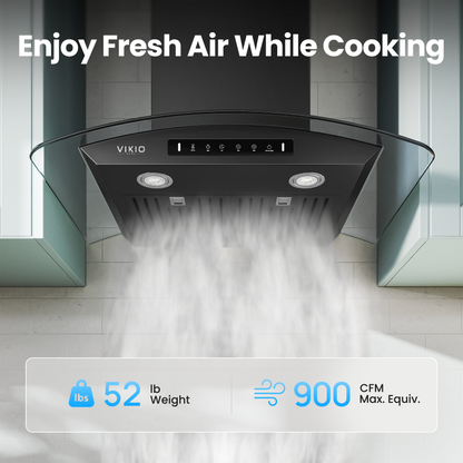 VIKIO HOME Black 30 inch Wall Mounted Range Hood Glass 900 CFM, Stainless Steel Kitchen Hood Vent with Gesture/Touch Controls, 3-Speed Exhaust Fan and Stainless Steel Baffle Filter, 2 LED Lights