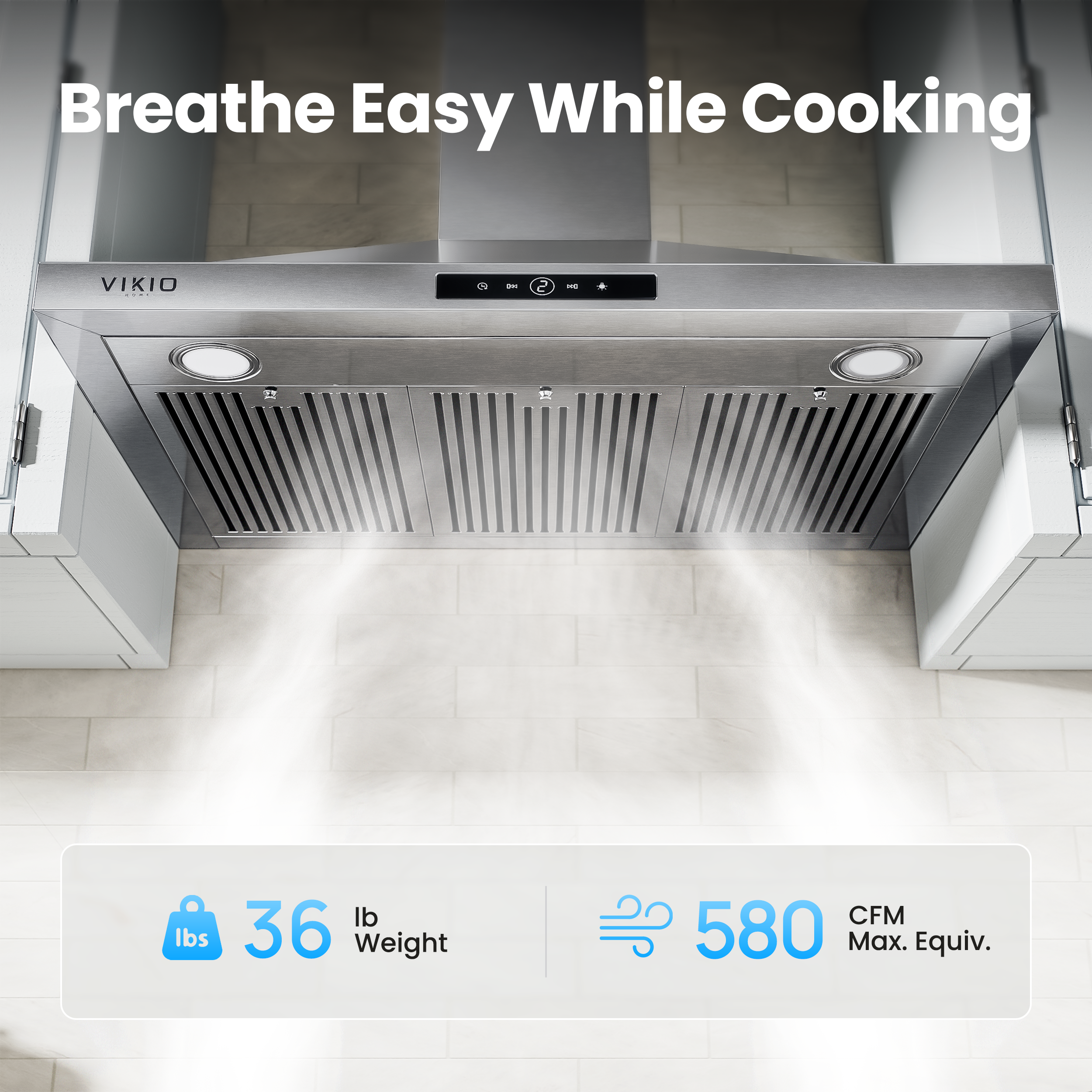 VIKIO HOME Wall Mount Range Hood 36 inch, 580 CFM, Ducted/Ductless Convertible, Stainless Steel Kitchen Vent Hood with 3-Speed Fan and LED Lights