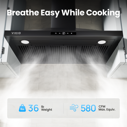 VIKIO HOME Wall Mount Range Hood 36 inch, 580 CFM Kitchen Vent Hood, Ducted/Ductless Convertible with Touch Control, Stainless Steel Stove Vent Hood, Easy Clean Filter, Black