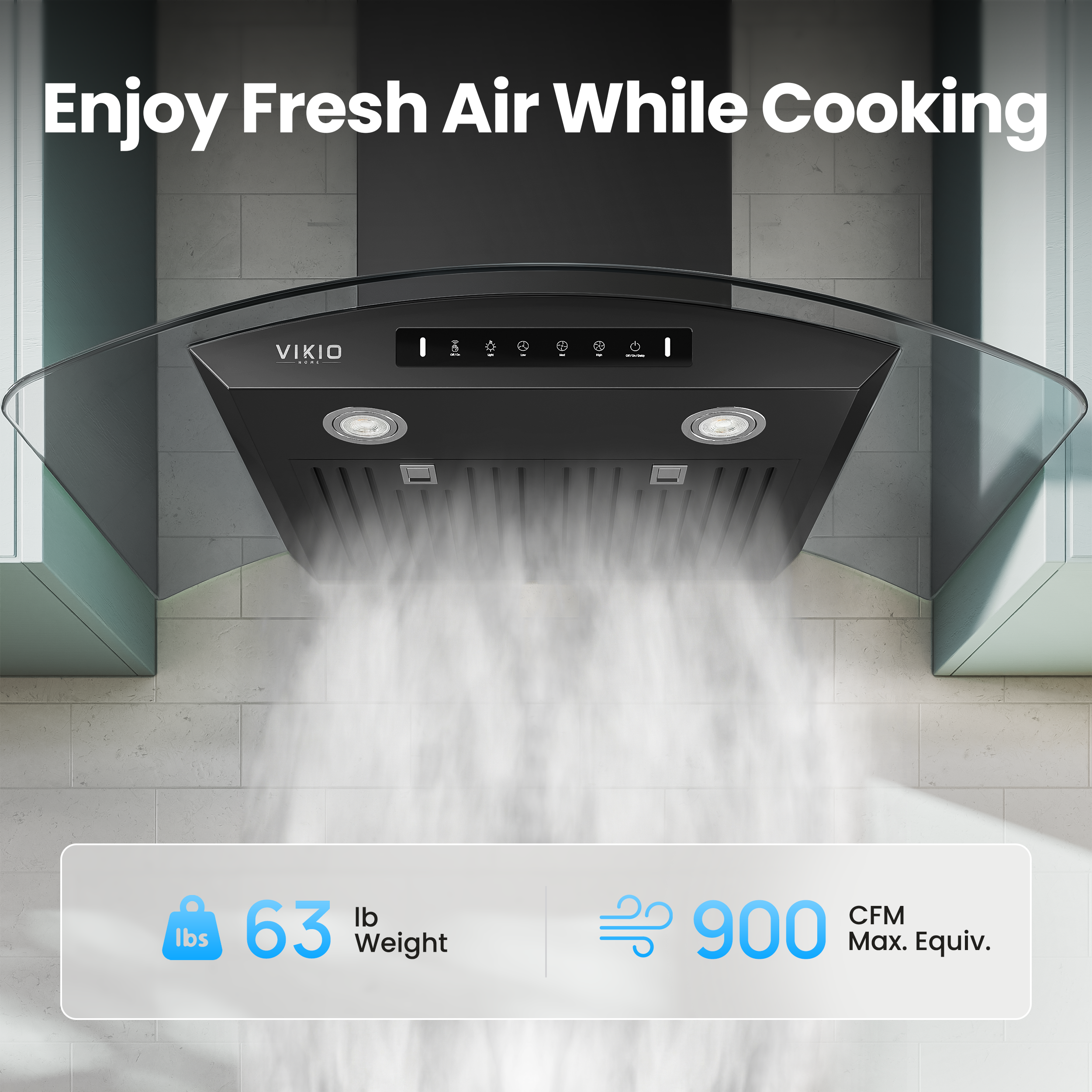 VIKIO HOME Black 36 inch Wall Mounted Range Hood Glass 900 CFM, Stainless Steel Kitchen Hood Vent with Gesture/Touch Controls, 3-Speed Exhaust Fan and Stainless Steel Baffle Filter, 2 LED Lights