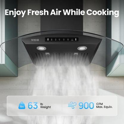 VIKIO HOME Black 36 inch Wall Mounted Range Hood Glass 900 CFM, Stainless Steel Kitchen Hood Vent with Gesture/Touch Controls, 3-Speed Exhaust Fan and Stainless Steel Baffle Filter, 2 LED Lights