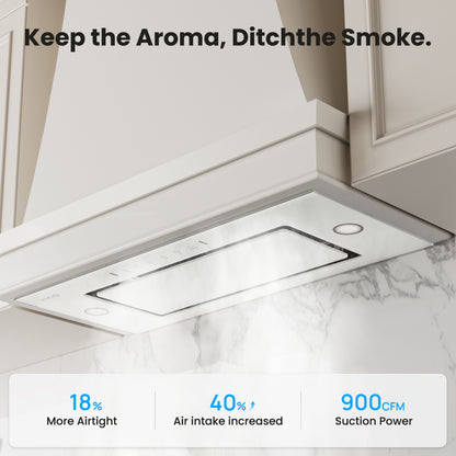 VIKIO HOME Range Hood Insert 36 inch, 900 CFM Ducted/Ductless Convertible, Stainless Steel & Tempered Glass White 36 inch Built-in Range Hood, With 3-Speed Fan and Gesture Sensing &Touch Control