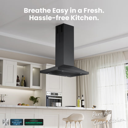 Island Range Hood 36 Inch, 390 CFM kitchen Hood with Dual-Sided Touch/Gesture Control, Ceiling Mount Kitchen Vent Hood, Convertible Ducted/Ductless, 3-Speed Fan&4 LED Lights, 3 Baffle Filters, Black